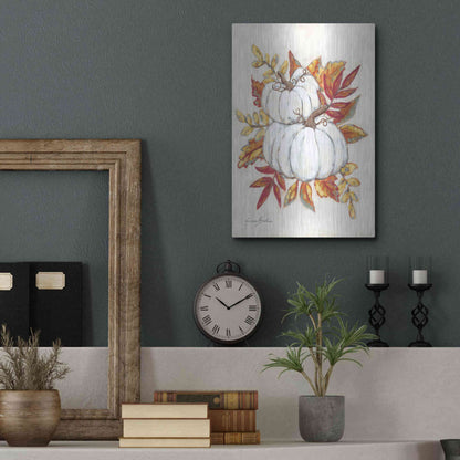 Luxe Metal Art 'White Pumpkin Fall Foliage' by Sara Baker, Metal Wall Art,12x16