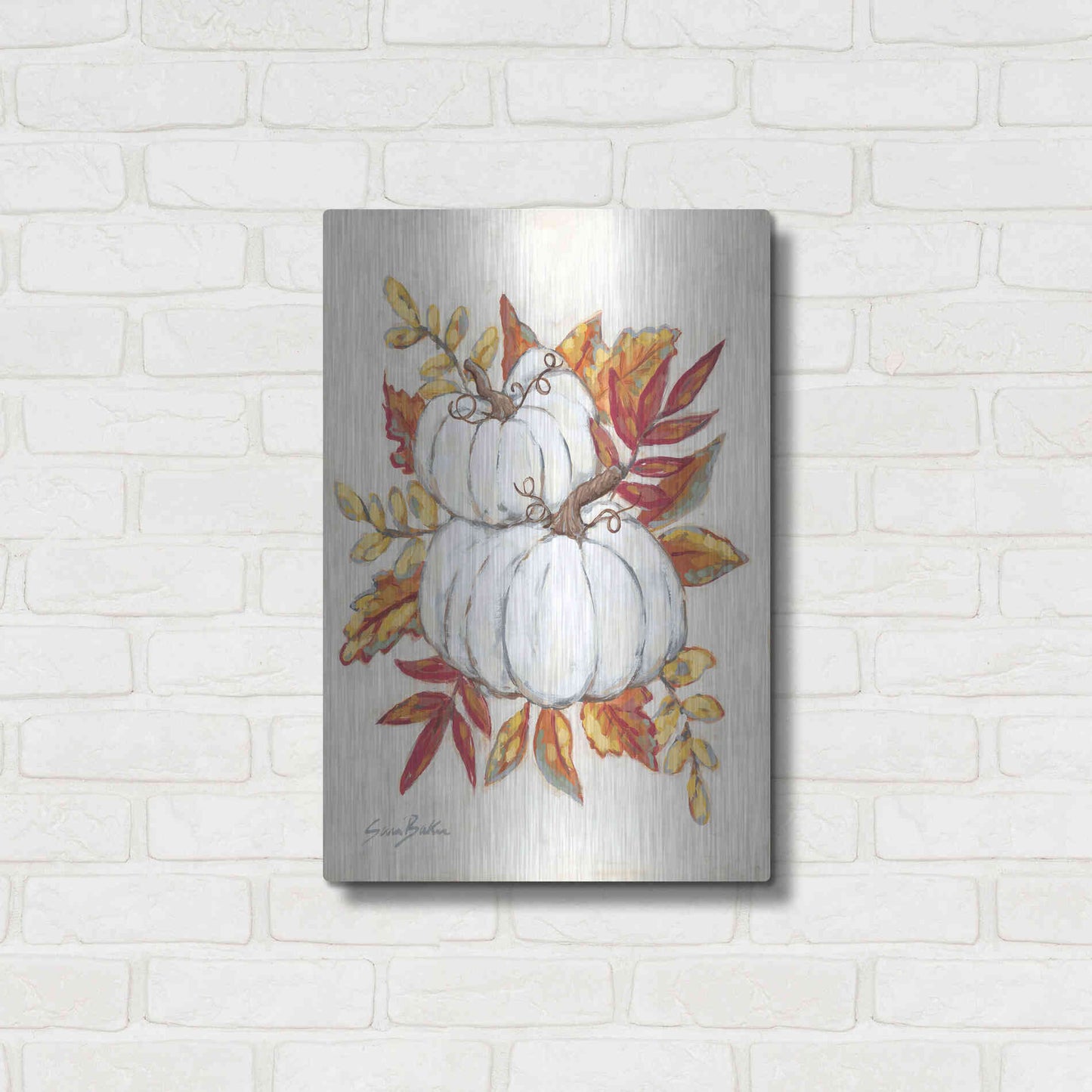 Luxe Metal Art 'White Pumpkin Fall Foliage' by Sara Baker, Metal Wall Art,16x24