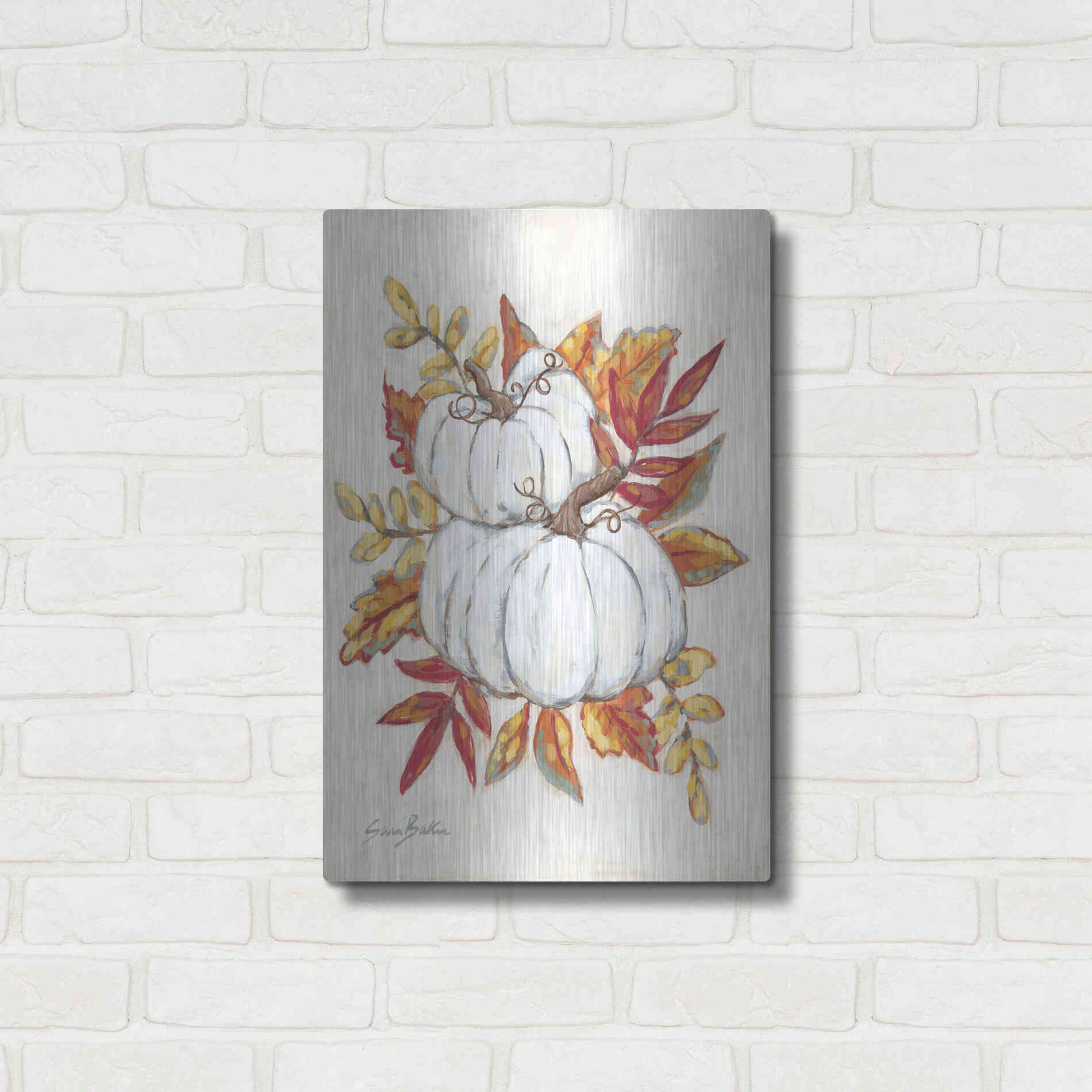 Luxe Metal Art 'White Pumpkin Fall Foliage' by Sara Baker, Metal Wall Art,16x24