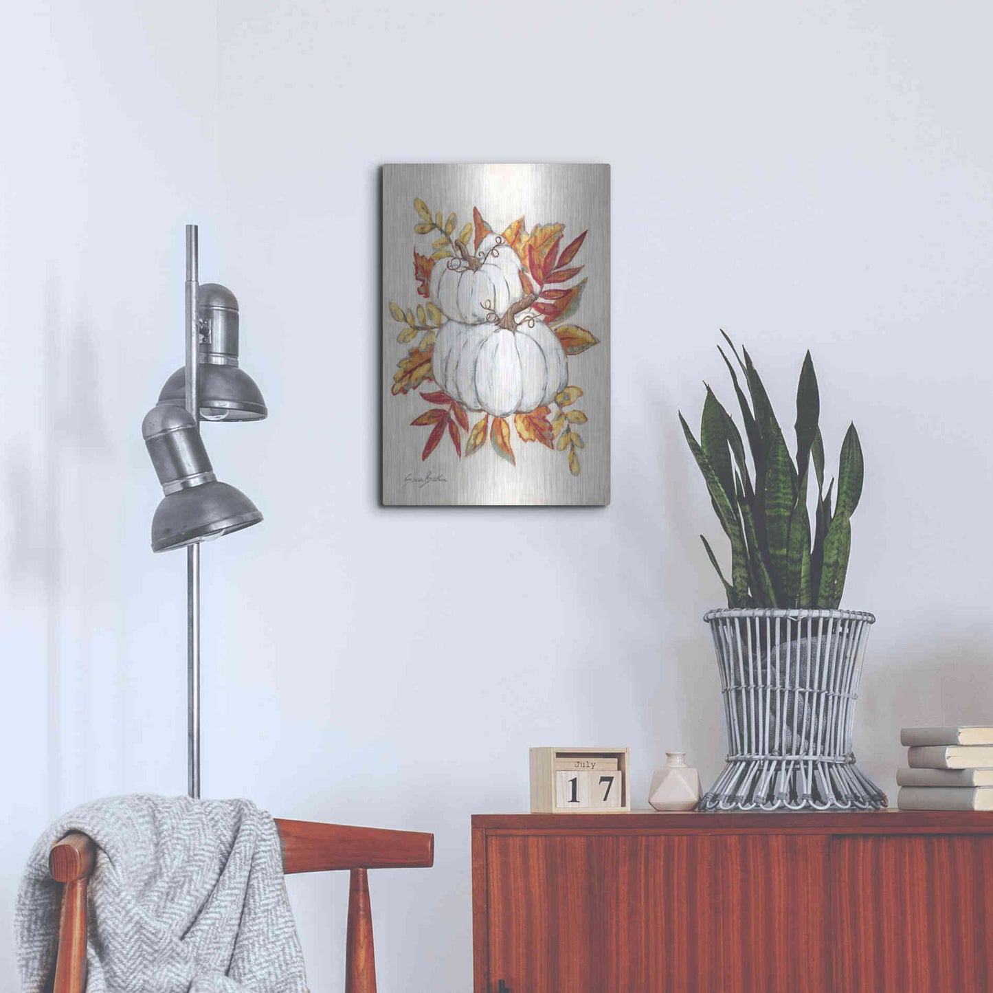 Luxe Metal Art 'White Pumpkin Fall Foliage' by Sara Baker, Metal Wall Art,16x24