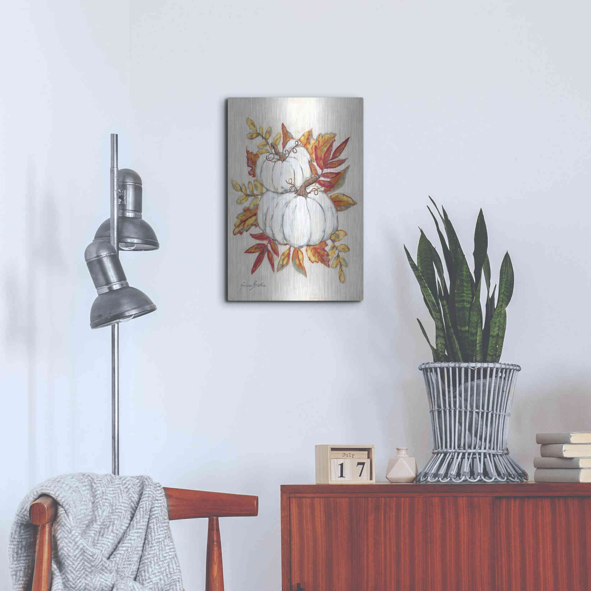 Luxe Metal Art 'White Pumpkin Fall Foliage' by Sara Baker, Metal Wall Art,16x24