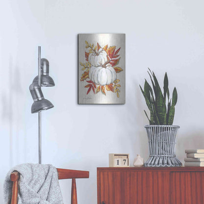 Luxe Metal Art 'White Pumpkin Fall Foliage' by Sara Baker, Metal Wall Art,16x24