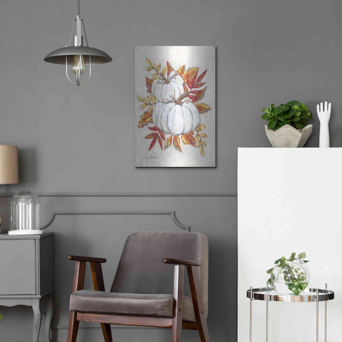 Luxe Metal Art 'White Pumpkin Fall Foliage' by Sara Baker, Metal Wall Art,16x24