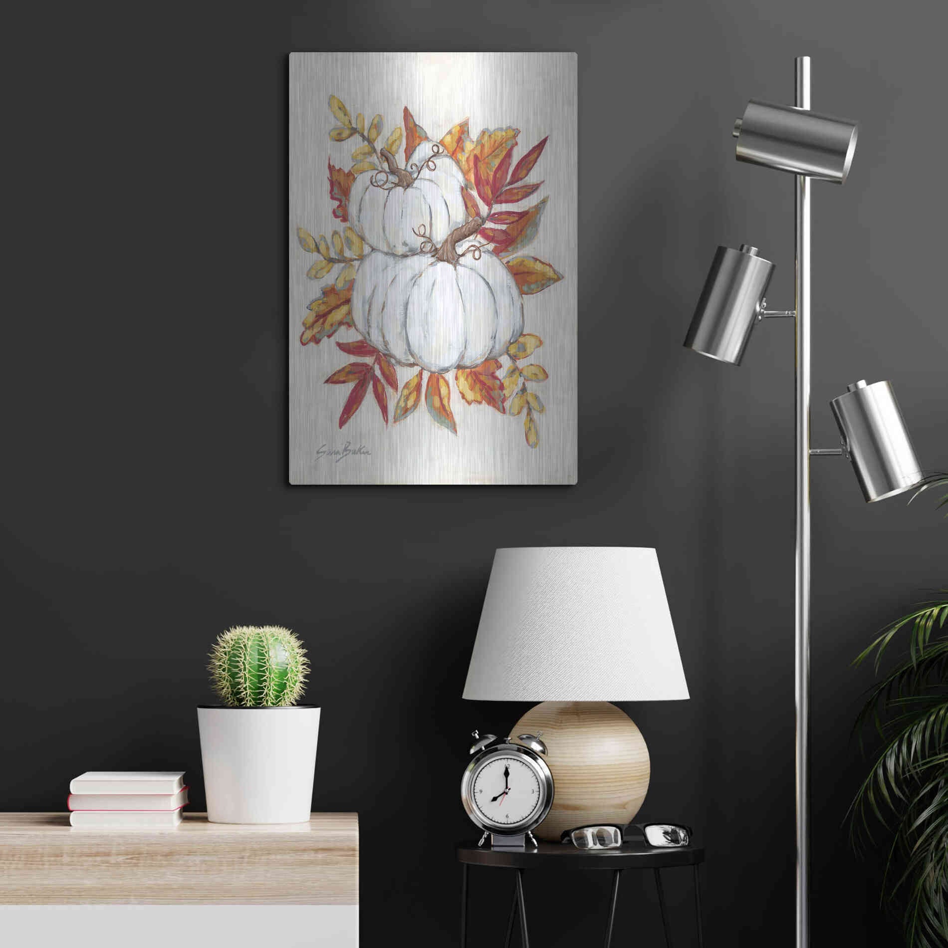 Luxe Metal Art 'White Pumpkin Fall Foliage' by Sara Baker, Metal Wall Art,16x24