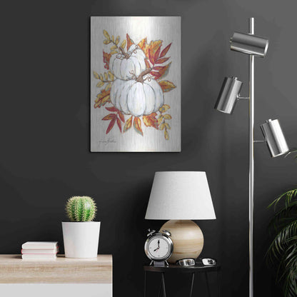 Luxe Metal Art 'White Pumpkin Fall Foliage' by Sara Baker, Metal Wall Art,16x24