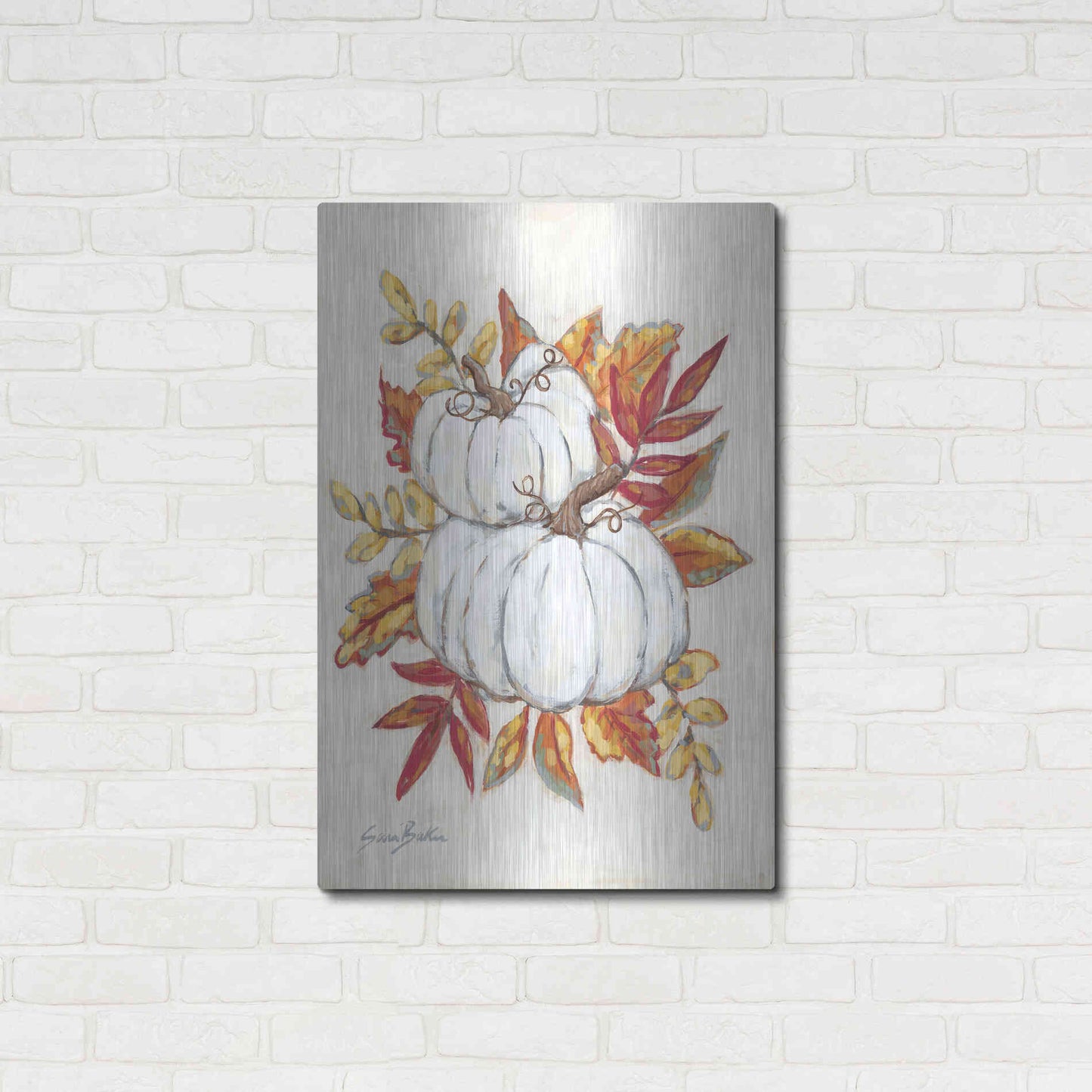 Luxe Metal Art 'White Pumpkin Fall Foliage' by Sara Baker, Metal Wall Art,24x36