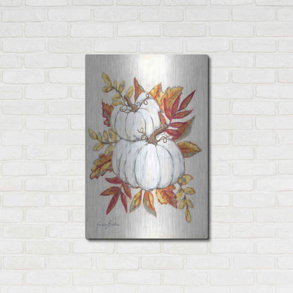Luxe Metal Art 'White Pumpkin Fall Foliage' by Sara Baker, Metal Wall Art,24x36