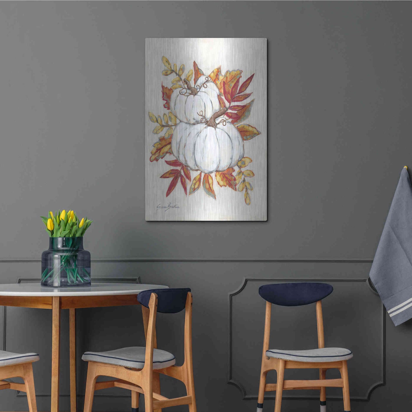 Luxe Metal Art 'White Pumpkin Fall Foliage' by Sara Baker, Metal Wall Art,24x36
