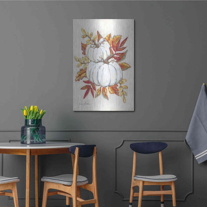 Luxe Metal Art 'White Pumpkin Fall Foliage' by Sara Baker, Metal Wall Art,24x36
