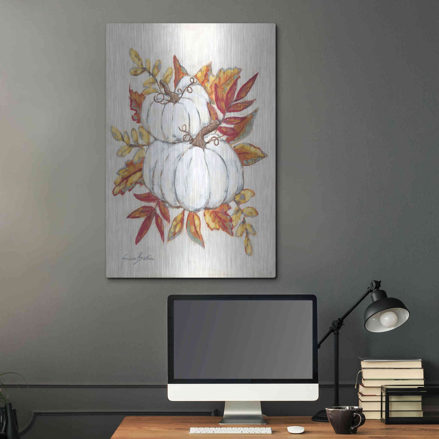 Luxe Metal Art 'White Pumpkin Fall Foliage' by Sara Baker, Metal Wall Art,24x36