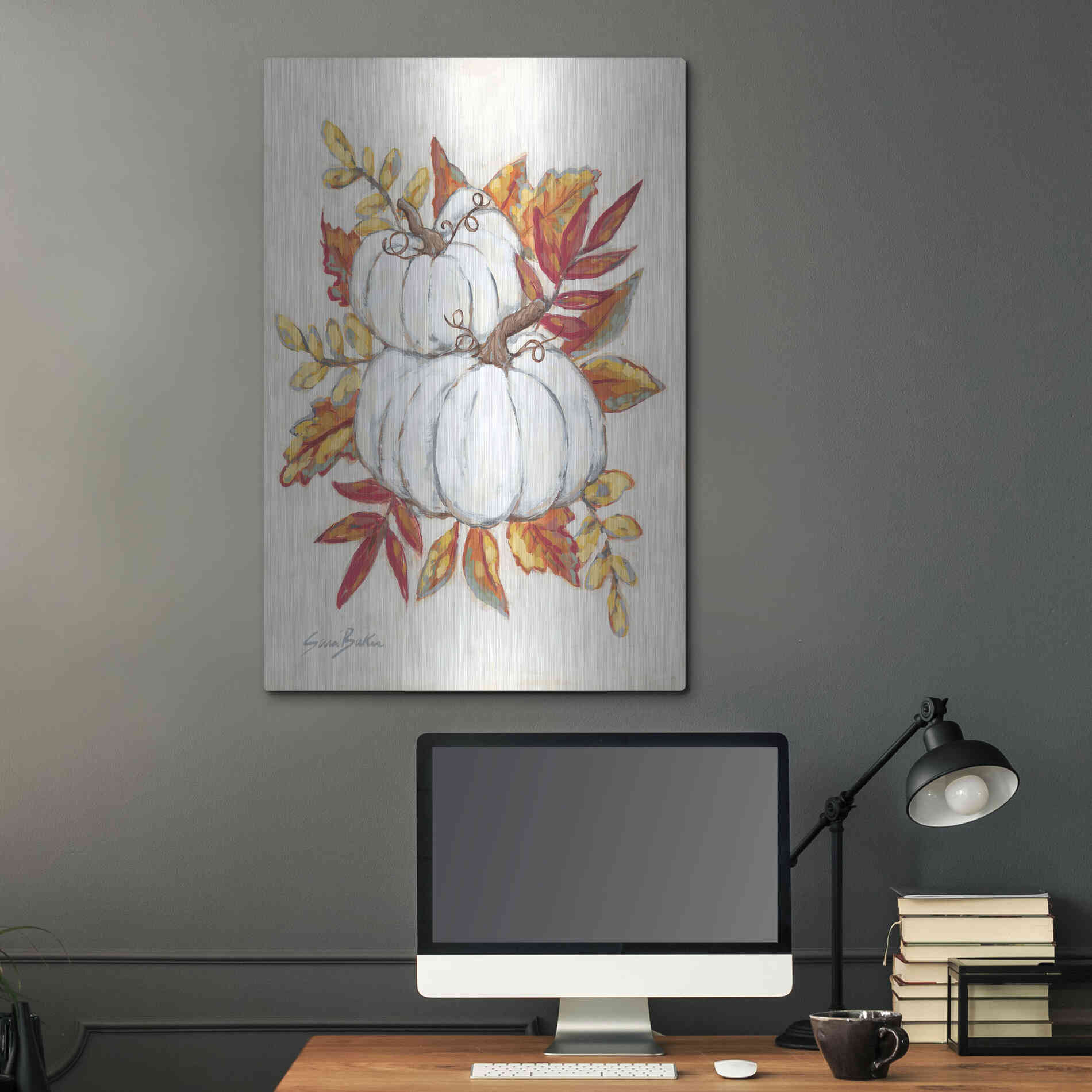 Luxe Metal Art 'White Pumpkin Fall Foliage' by Sara Baker, Metal Wall Art,24x36
