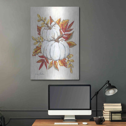 Luxe Metal Art 'White Pumpkin Fall Foliage' by Sara Baker, Metal Wall Art,24x36