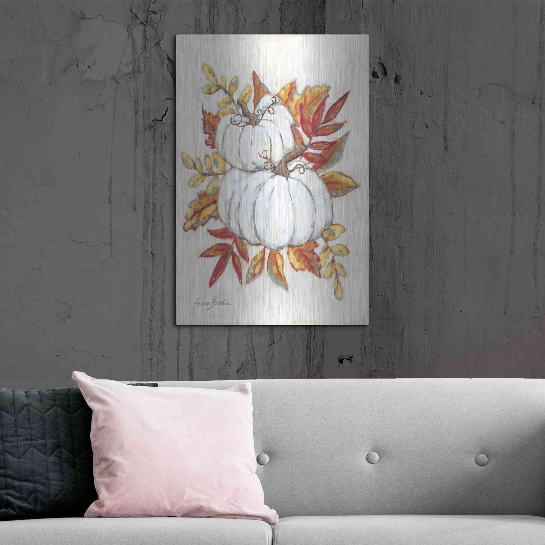 Luxe Metal Art 'White Pumpkin Fall Foliage' by Sara Baker, Metal Wall Art,24x36