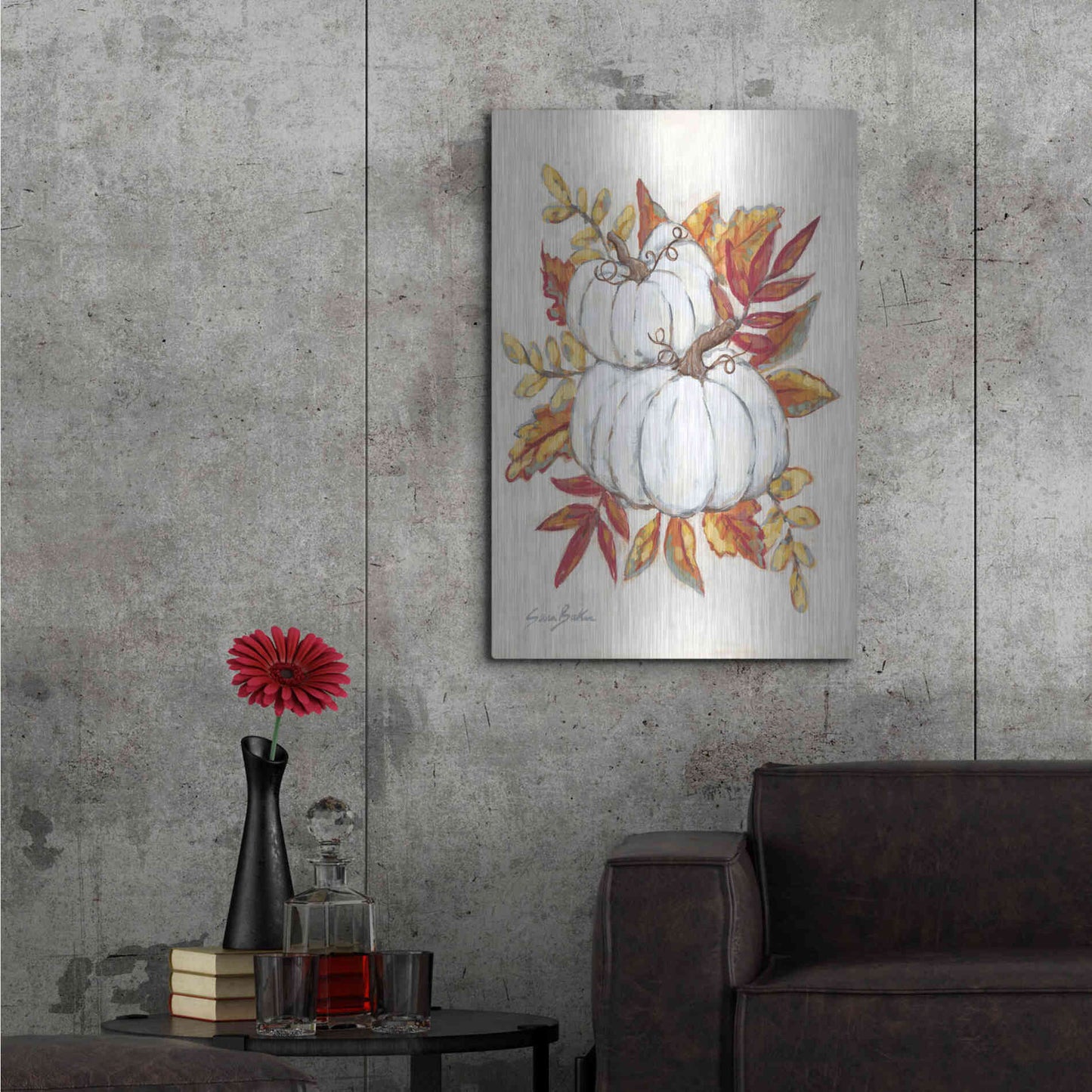 Luxe Metal Art 'White Pumpkin Fall Foliage' by Sara Baker, Metal Wall Art,24x36