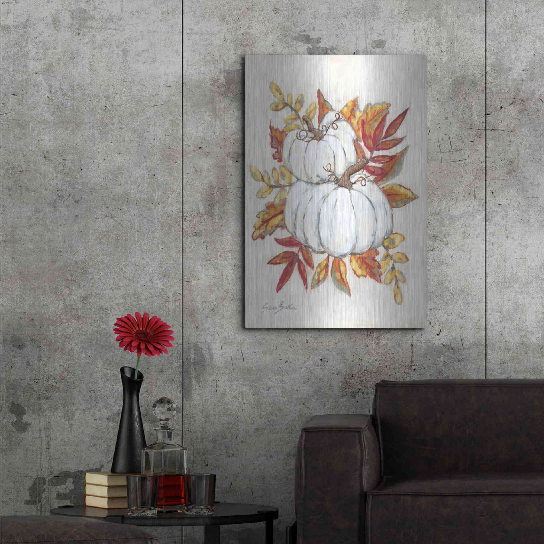 Luxe Metal Art 'White Pumpkin Fall Foliage' by Sara Baker, Metal Wall Art,24x36