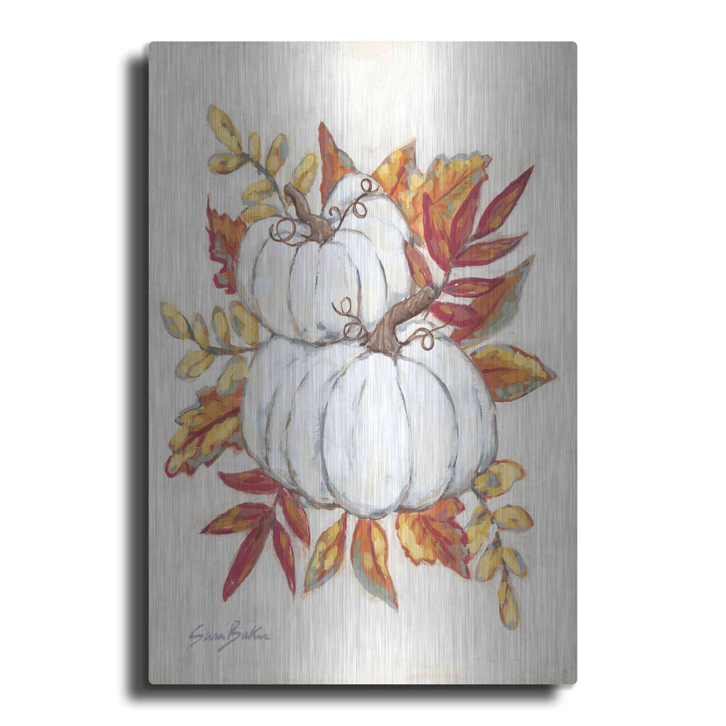 Luxe Metal Art 'White Pumpkin Fall Foliage' by Sara Baker, Metal Wall Art