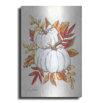 Luxe Metal Art 'White Pumpkin Fall Foliage' by Sara Baker, Metal Wall Art