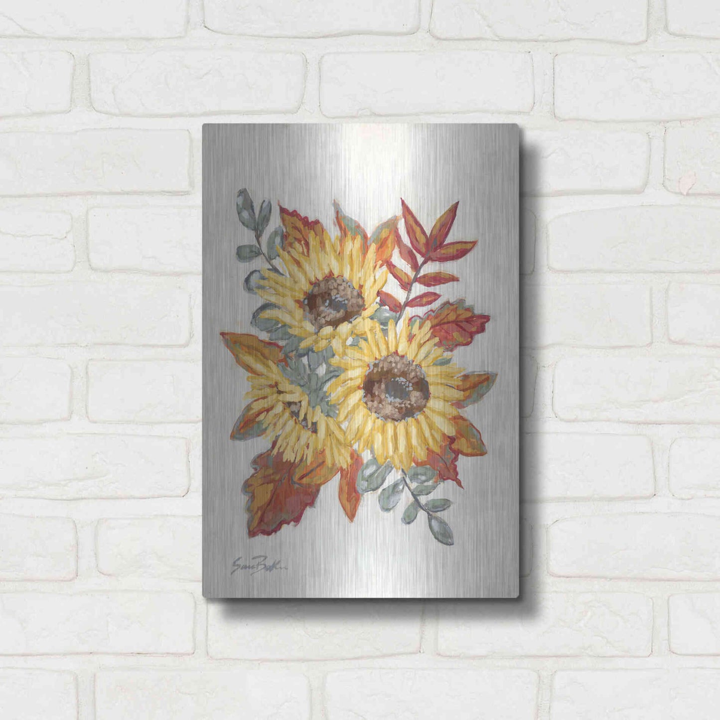 Luxe Metal Art 'Sunflower Fall Foliage' by Sara Baker, Metal Wall Art,12x16