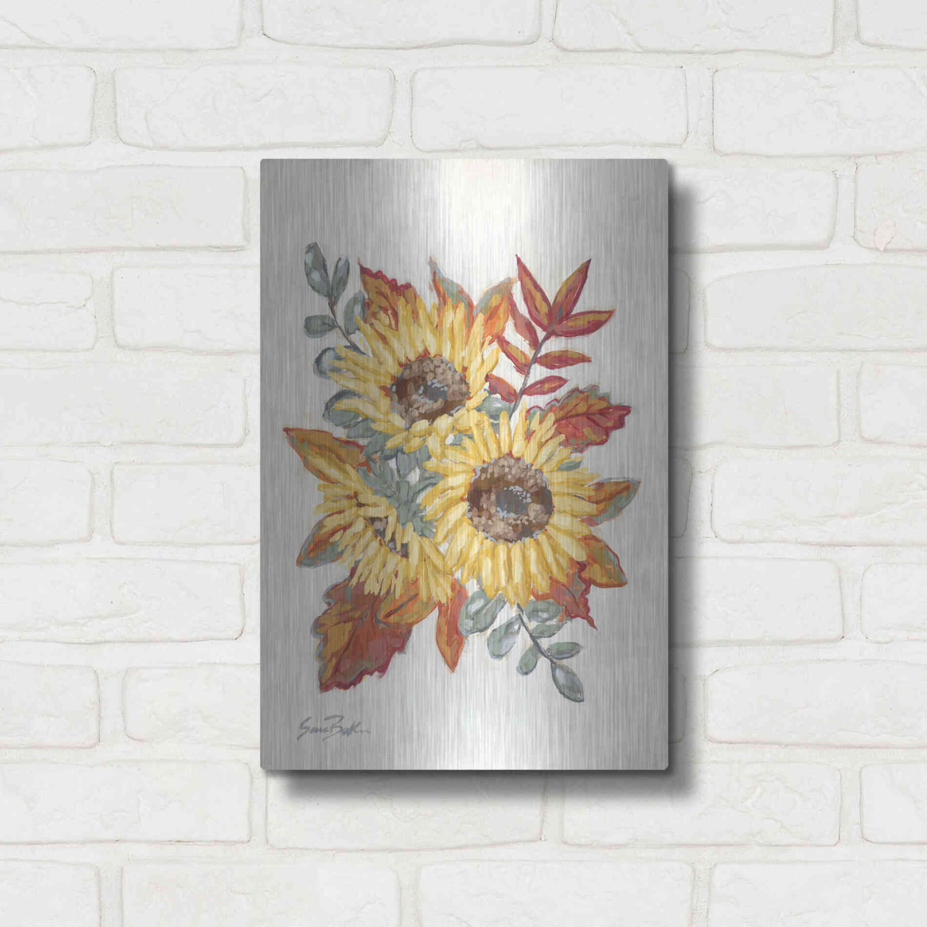 Luxe Metal Art 'Sunflower Fall Foliage' by Sara Baker, Metal Wall Art,12x16