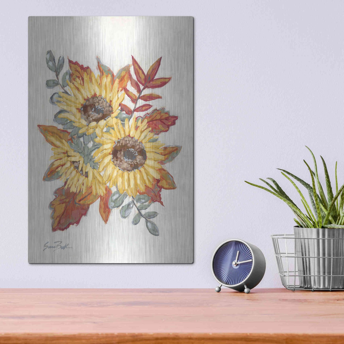 Luxe Metal Art 'Sunflower Fall Foliage' by Sara Baker, Metal Wall Art,12x16