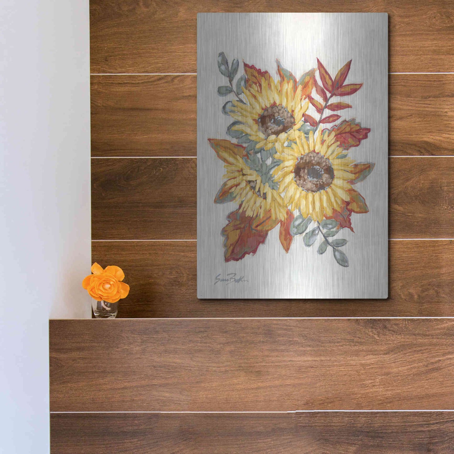 Luxe Metal Art 'Sunflower Fall Foliage' by Sara Baker, Metal Wall Art,12x16