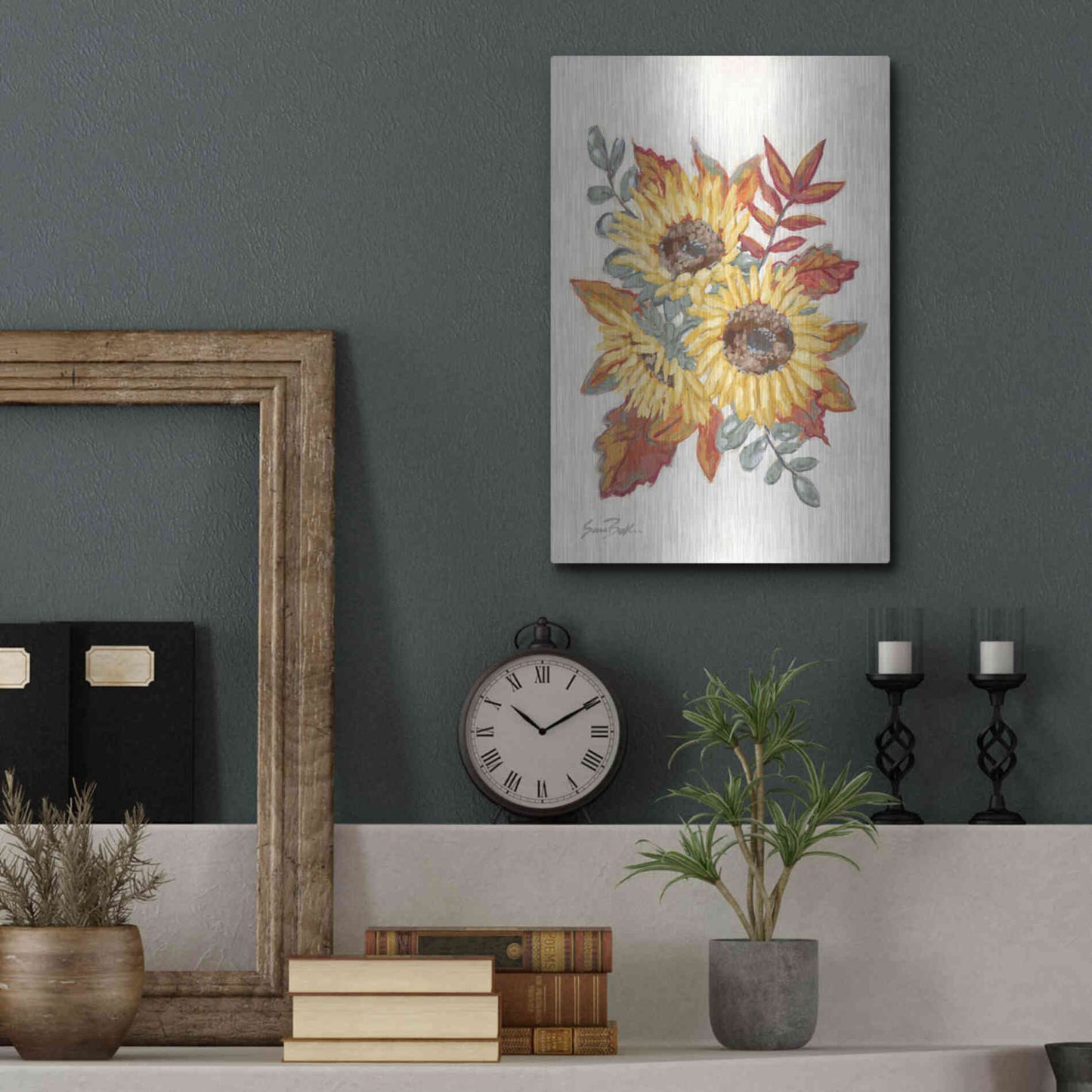 Luxe Metal Art 'Sunflower Fall Foliage' by Sara Baker, Metal Wall Art,12x16