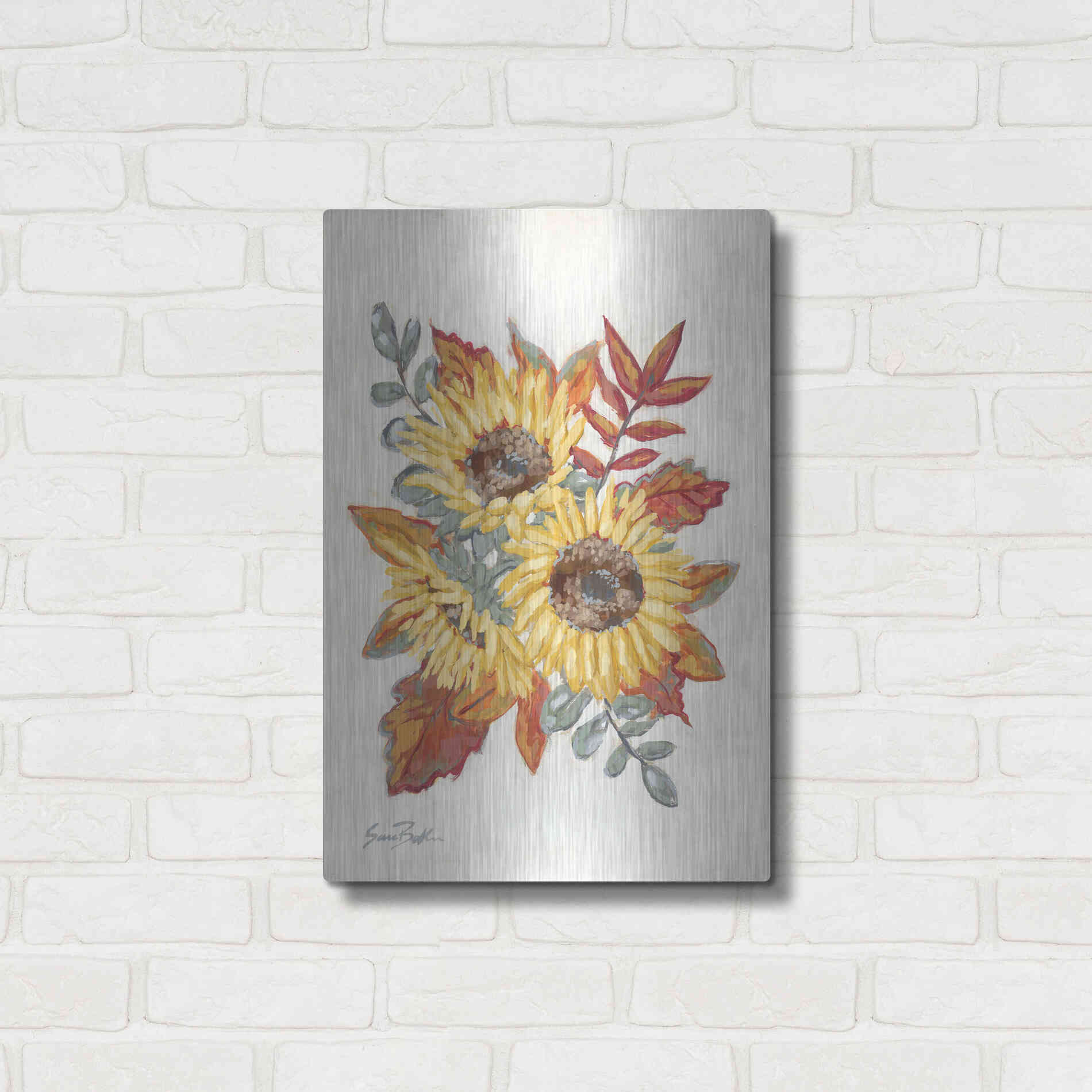 Luxe Metal Art 'Sunflower Fall Foliage' by Sara Baker, Metal Wall Art,16x24