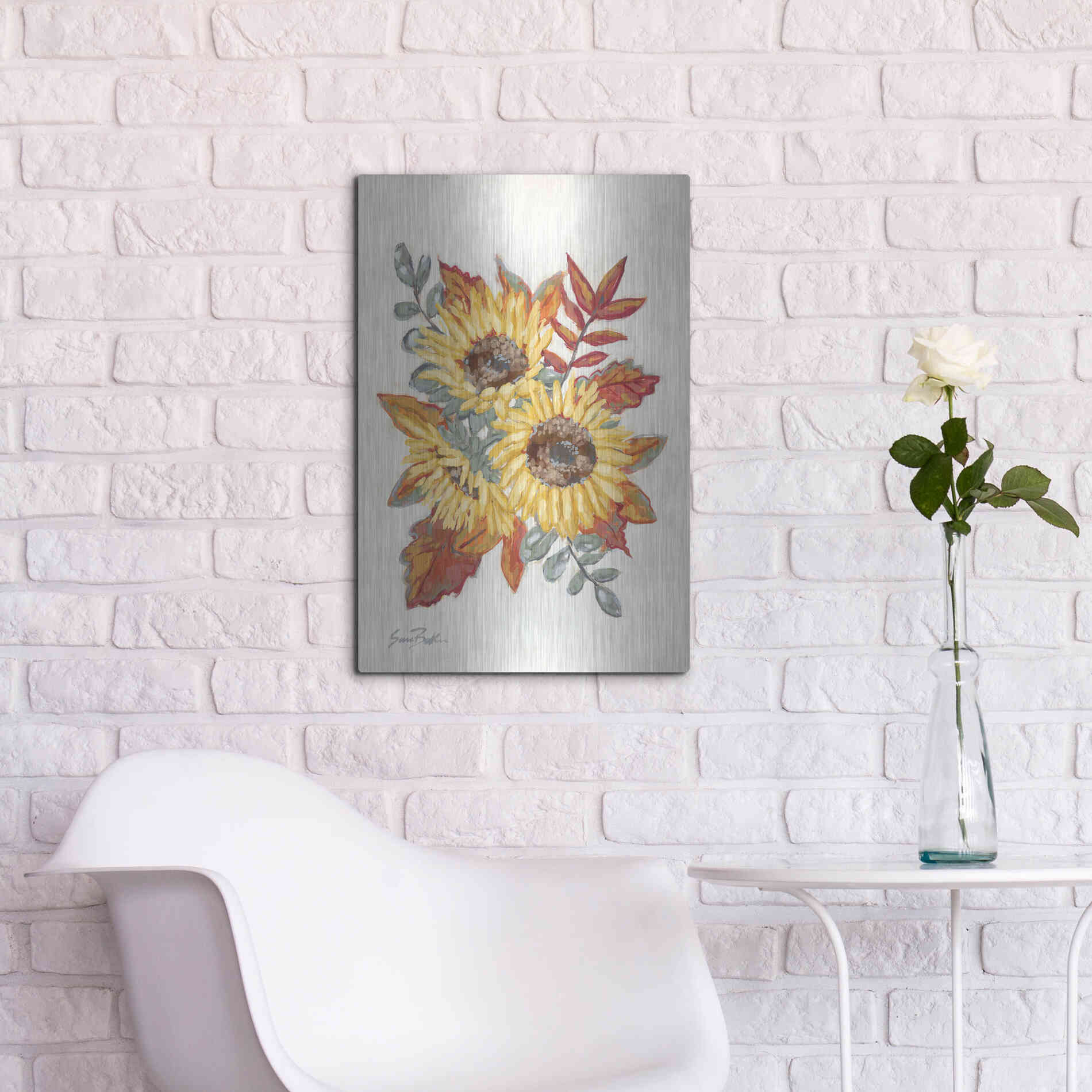 Luxe Metal Art 'Sunflower Fall Foliage' by Sara Baker, Metal Wall Art,16x24