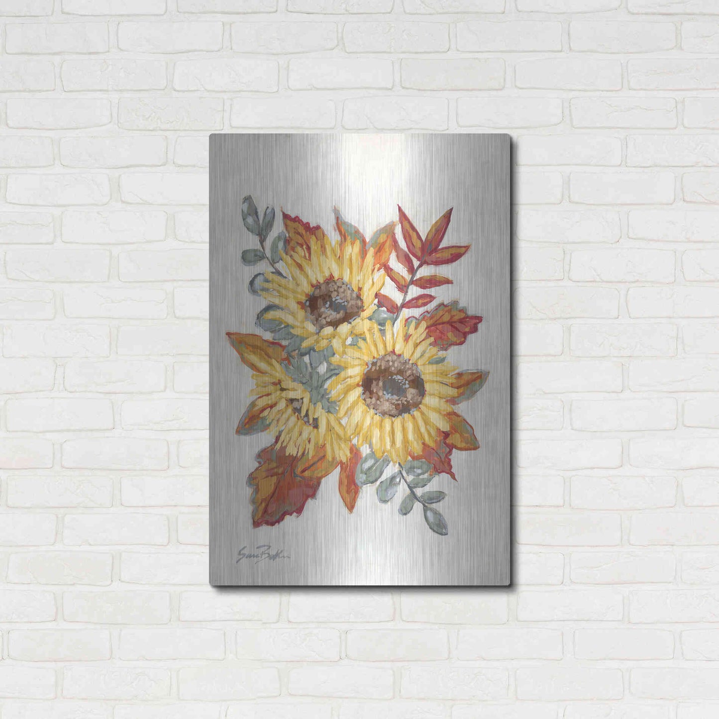 Luxe Metal Art 'Sunflower Fall Foliage' by Sara Baker, Metal Wall Art,24x36