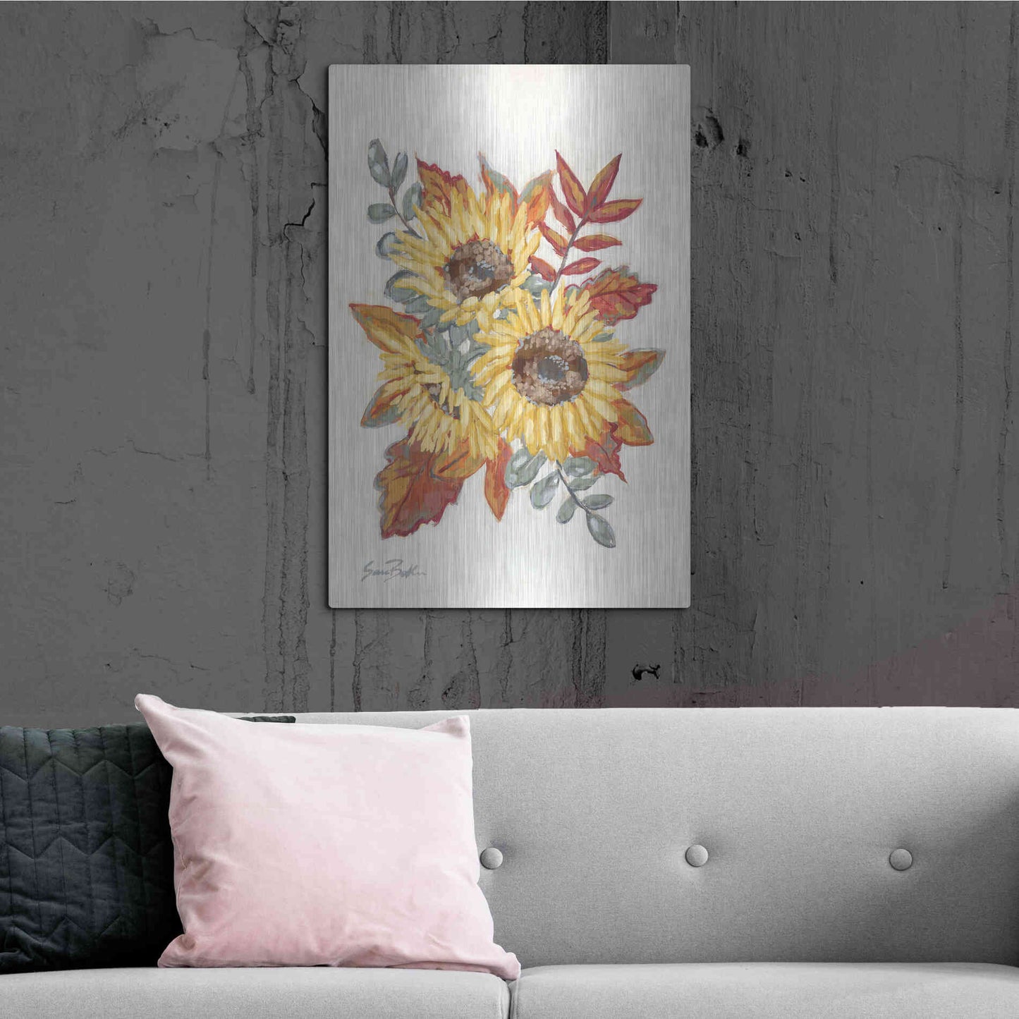 Luxe Metal Art 'Sunflower Fall Foliage' by Sara Baker, Metal Wall Art,24x36