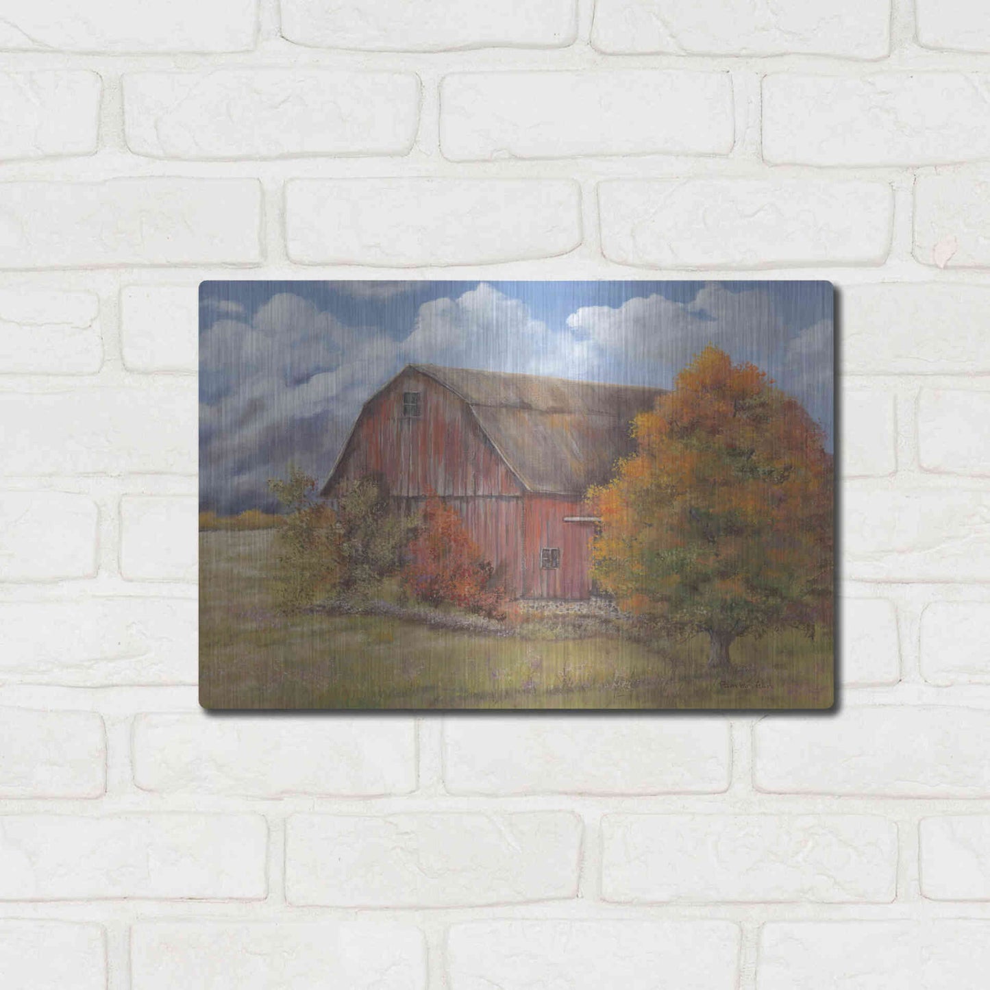 Luxe Metal Art 'Autumn Barn' by Pam Britton, Metal Wall Art,16x12