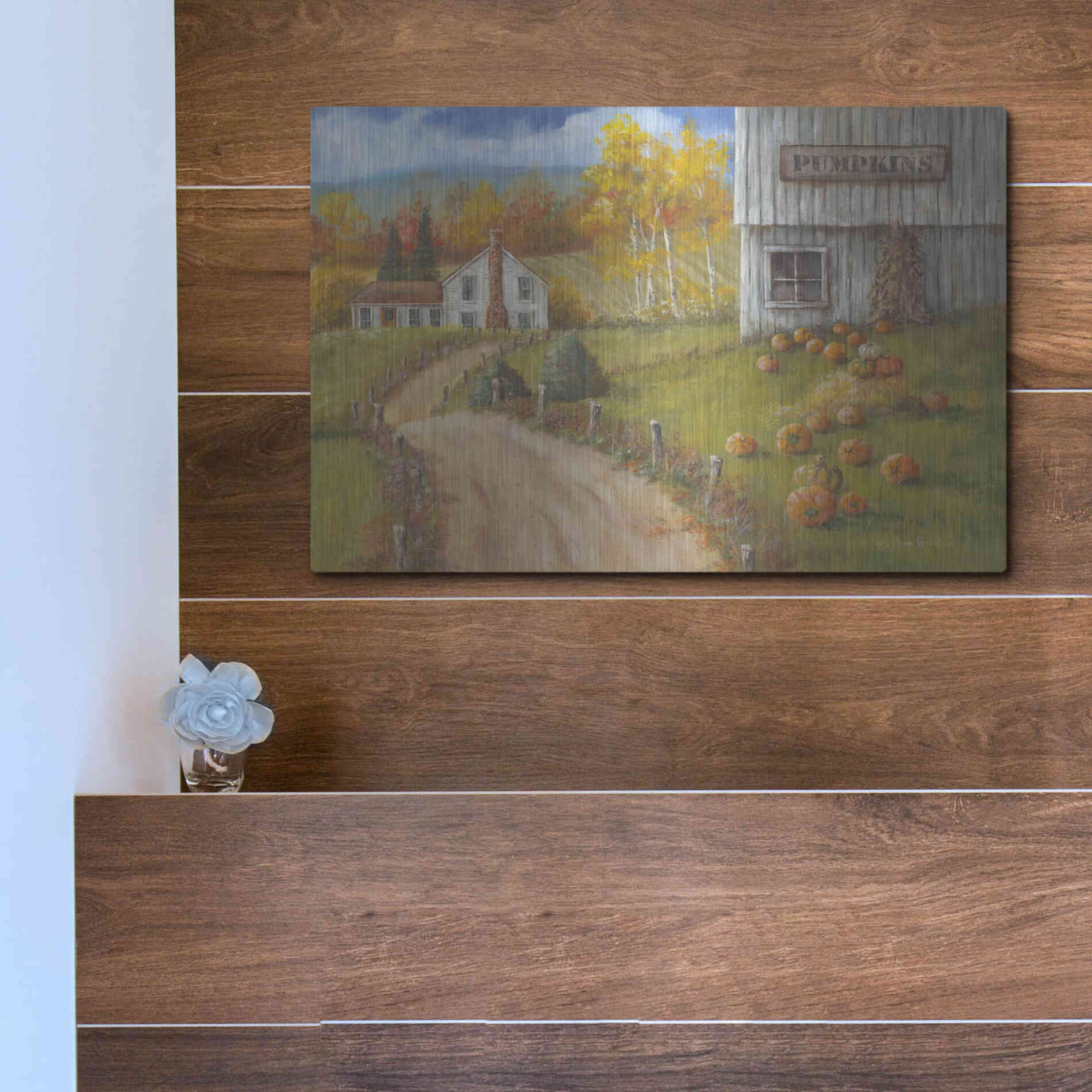 Luxe Metal Art 'Harvest Pumpkin Farm' by Pam Britton, Metal Wall Art,16x12