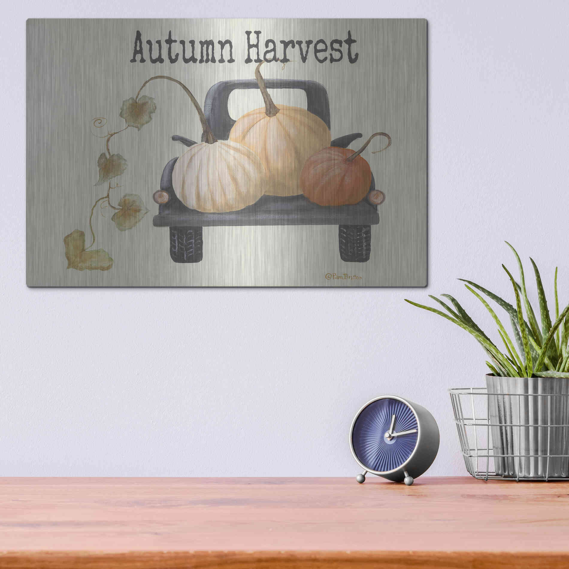 Luxe Metal Art 'Autumn Harvest Truck' by Pam Britton , Metal Wall Art,16x12