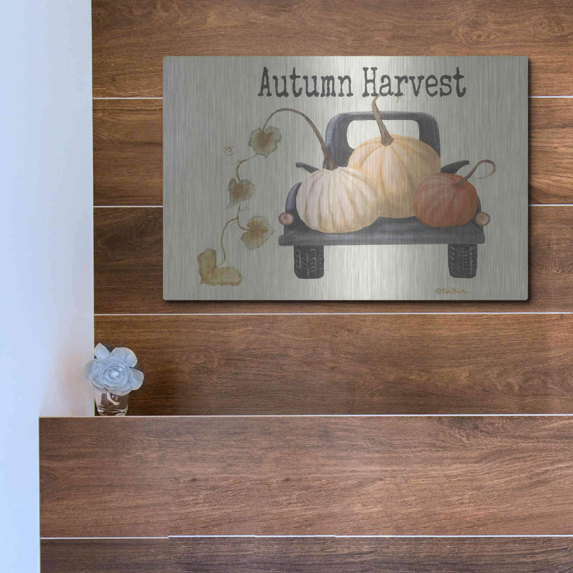 Luxe Metal Art 'Autumn Harvest Truck' by Pam Britton , Metal Wall Art,16x12