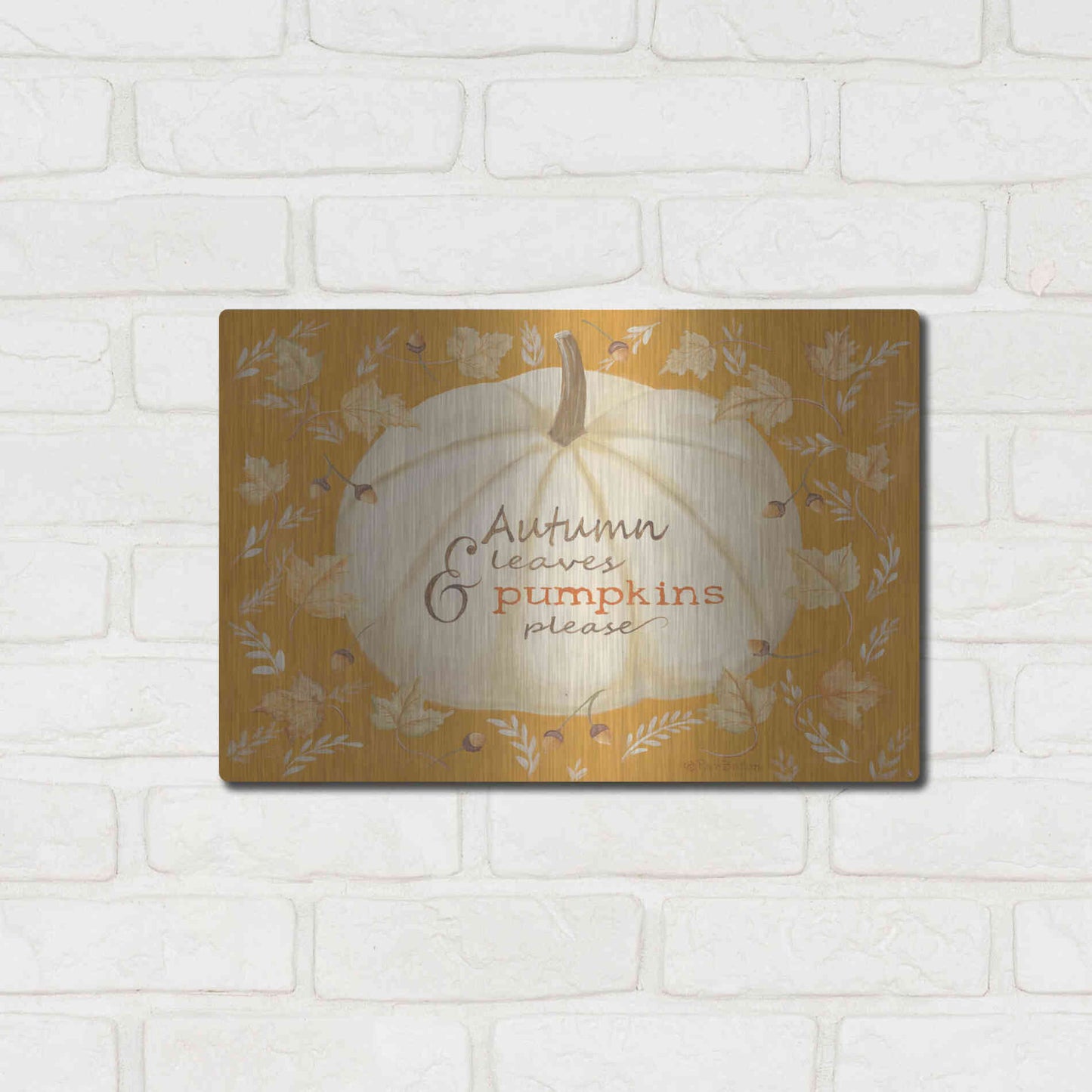 Luxe Metal Art 'Autumn Leaves & Pumpkin' by Pam Britton , Metal Wall Art,16x12