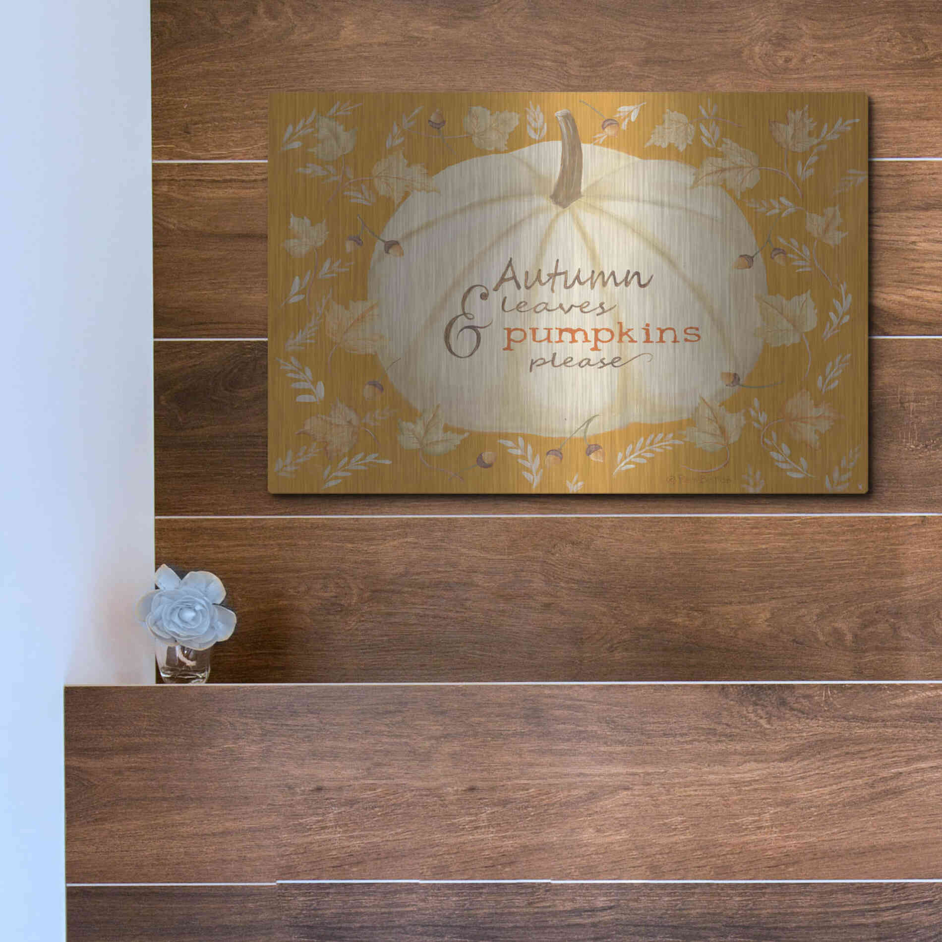 Luxe Metal Art 'Autumn Leaves & Pumpkin' by Pam Britton , Metal Wall Art,16x12