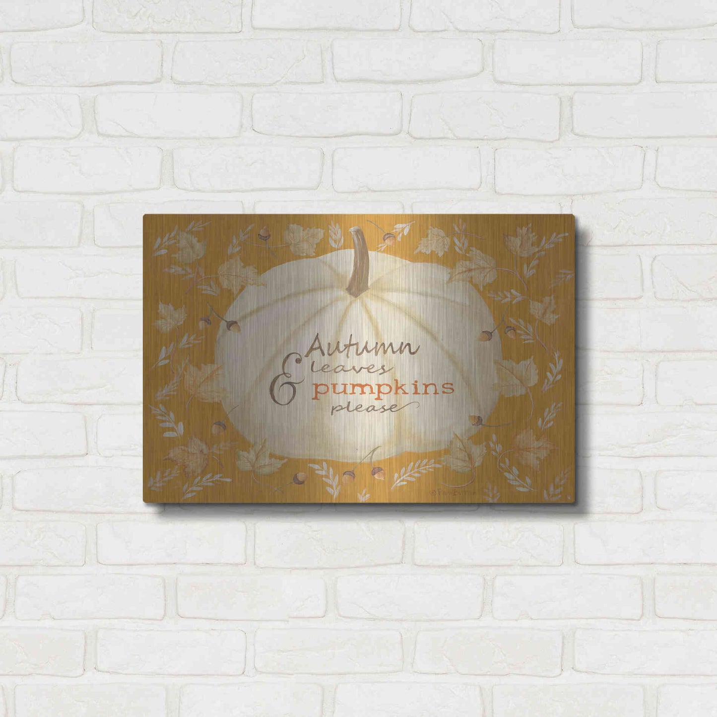 Luxe Metal Art 'Autumn Leaves & Pumpkin' by Pam Britton , Metal Wall Art,24x16