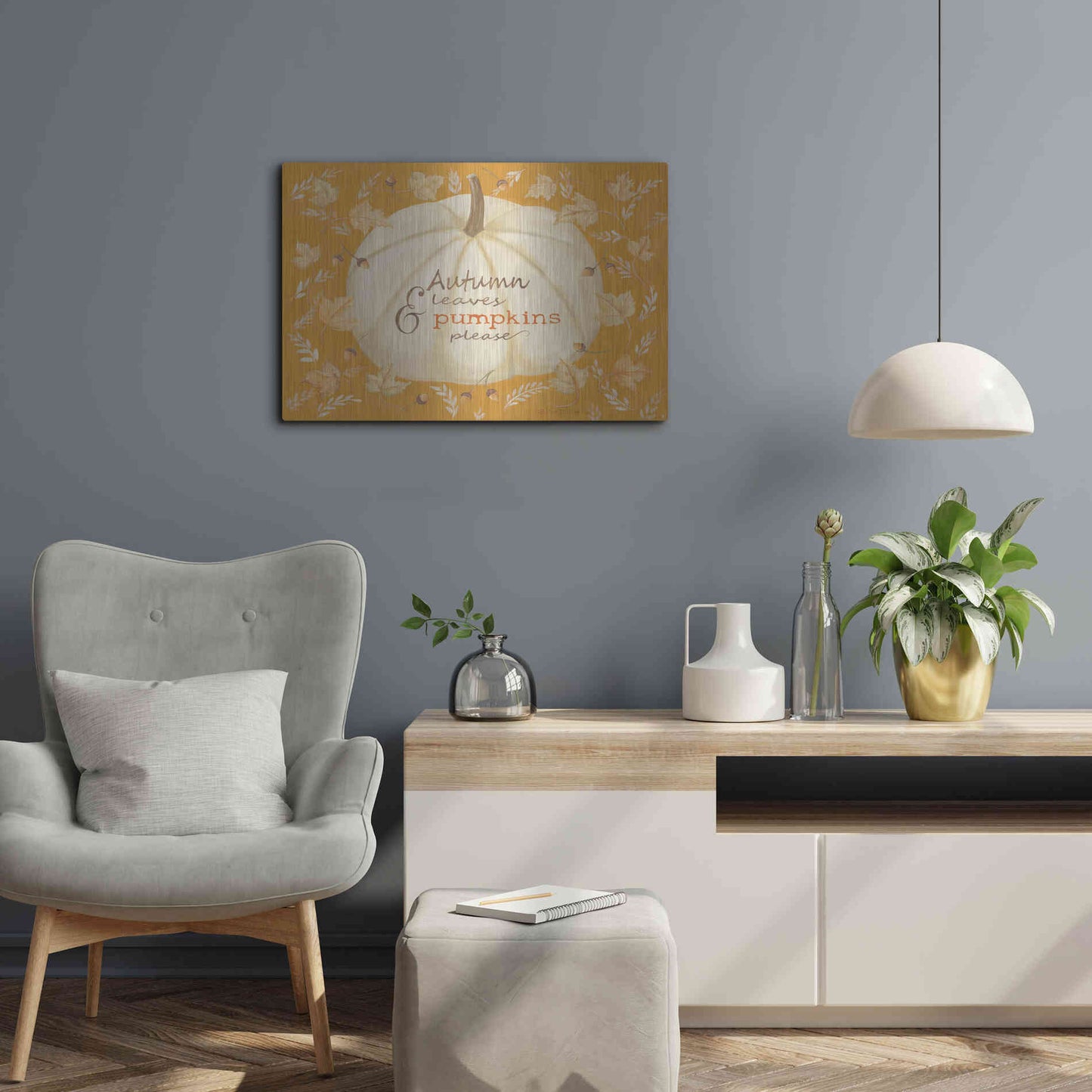 Luxe Metal Art 'Autumn Leaves & Pumpkin' by Pam Britton , Metal Wall Art,24x16