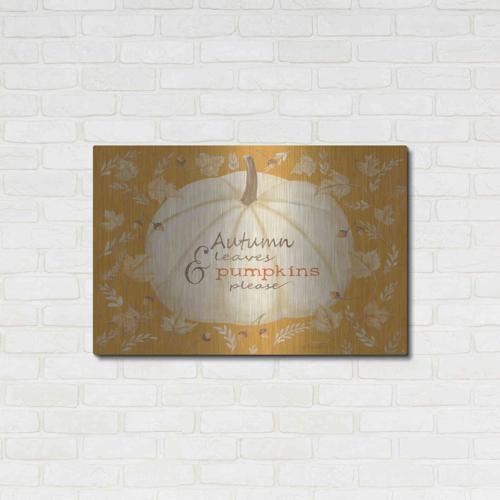 Luxe Metal Art 'Autumn Leaves & Pumpkin' by Pam Britton , Metal Wall Art,36x24