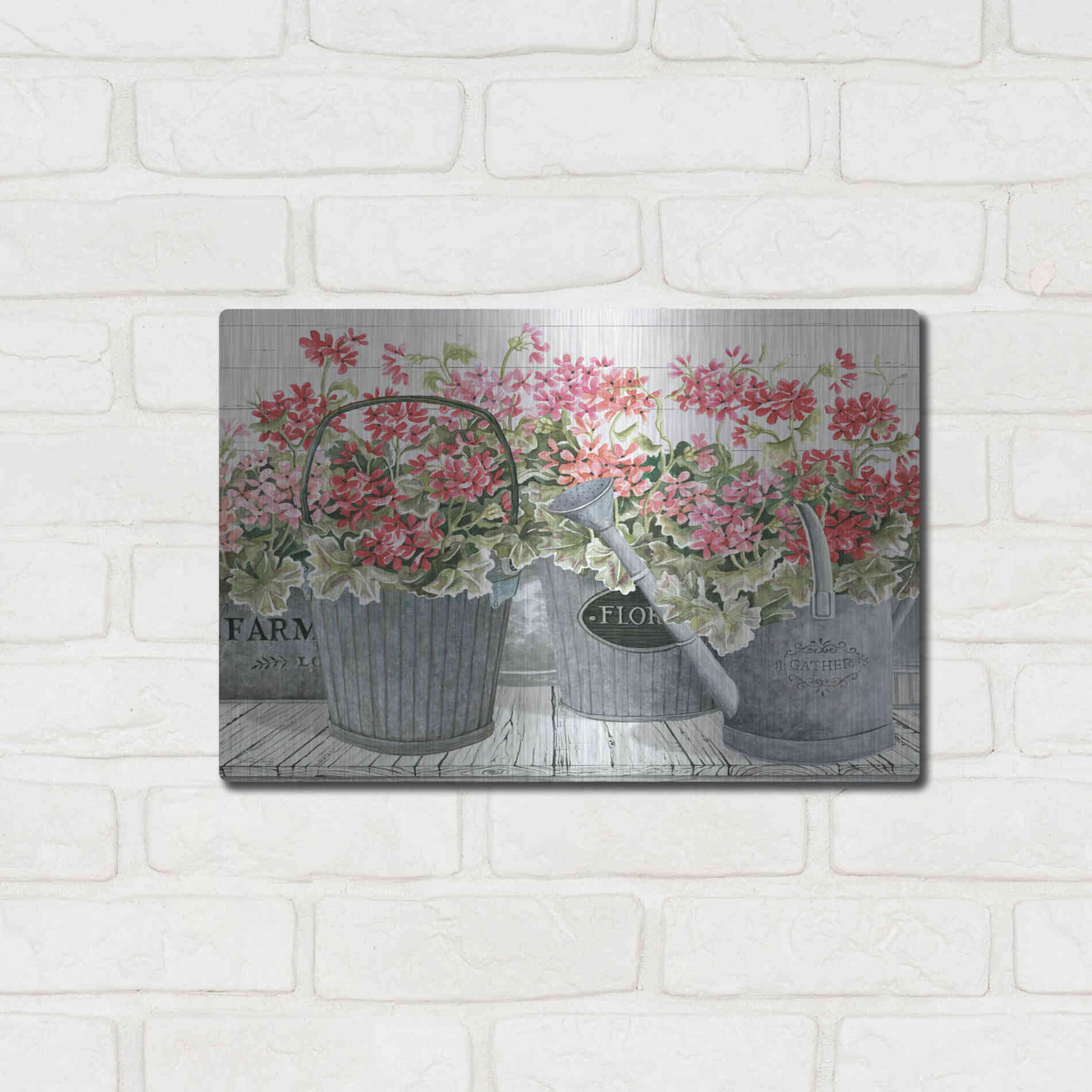 Luxe Metal Art 'Potted Geranium Mix II' by Cindy Jacobs, Metal Wall Art,16x12