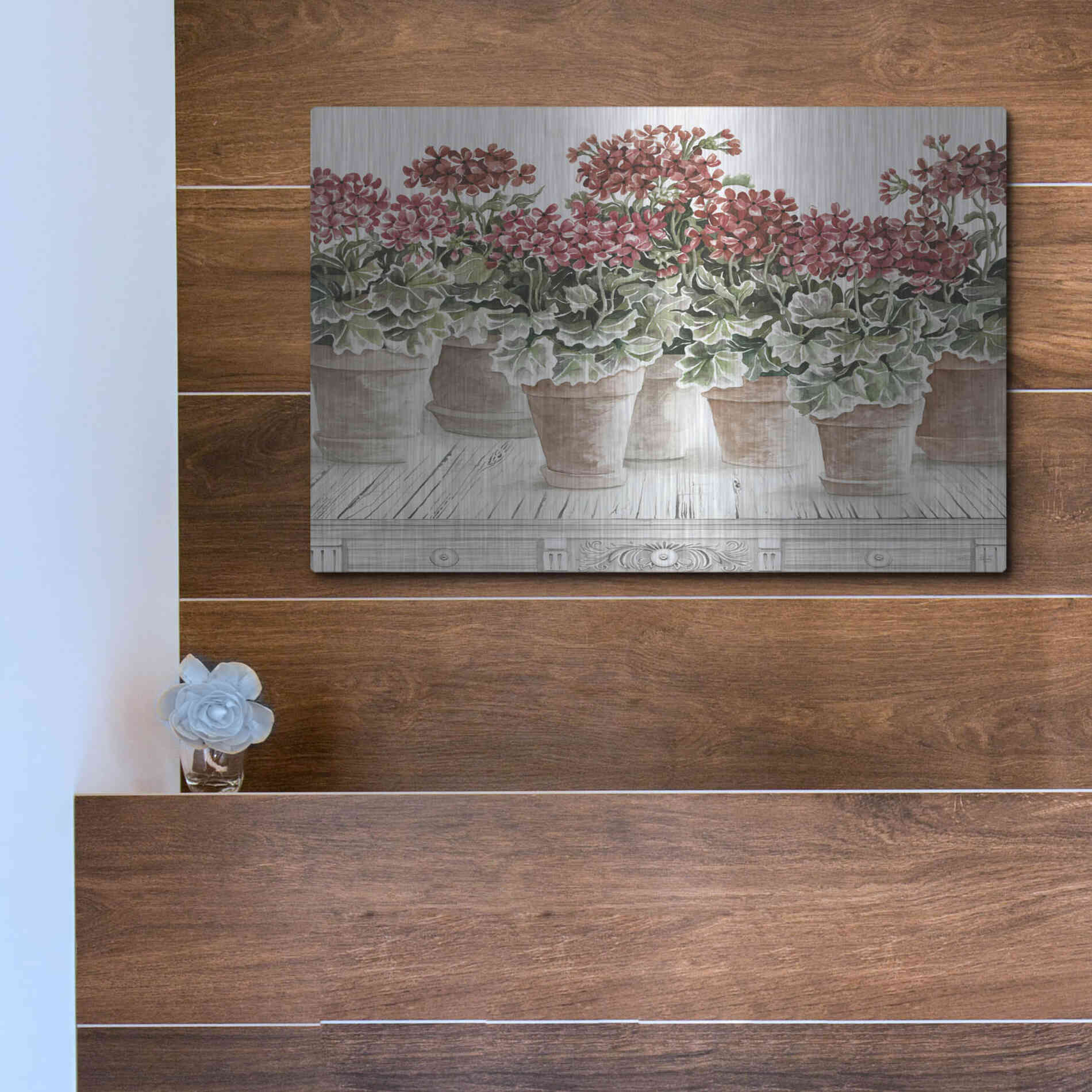 Luxe Metal Art 'Potted Geranium Mix III' by Cindy Jacobs, Metal Wall Art,16x12