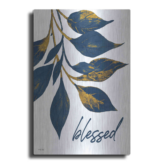 Luxe Metal Art 'Blessed Navy Gold Leaves' by Cindy Jacobs, Metal Wall Art