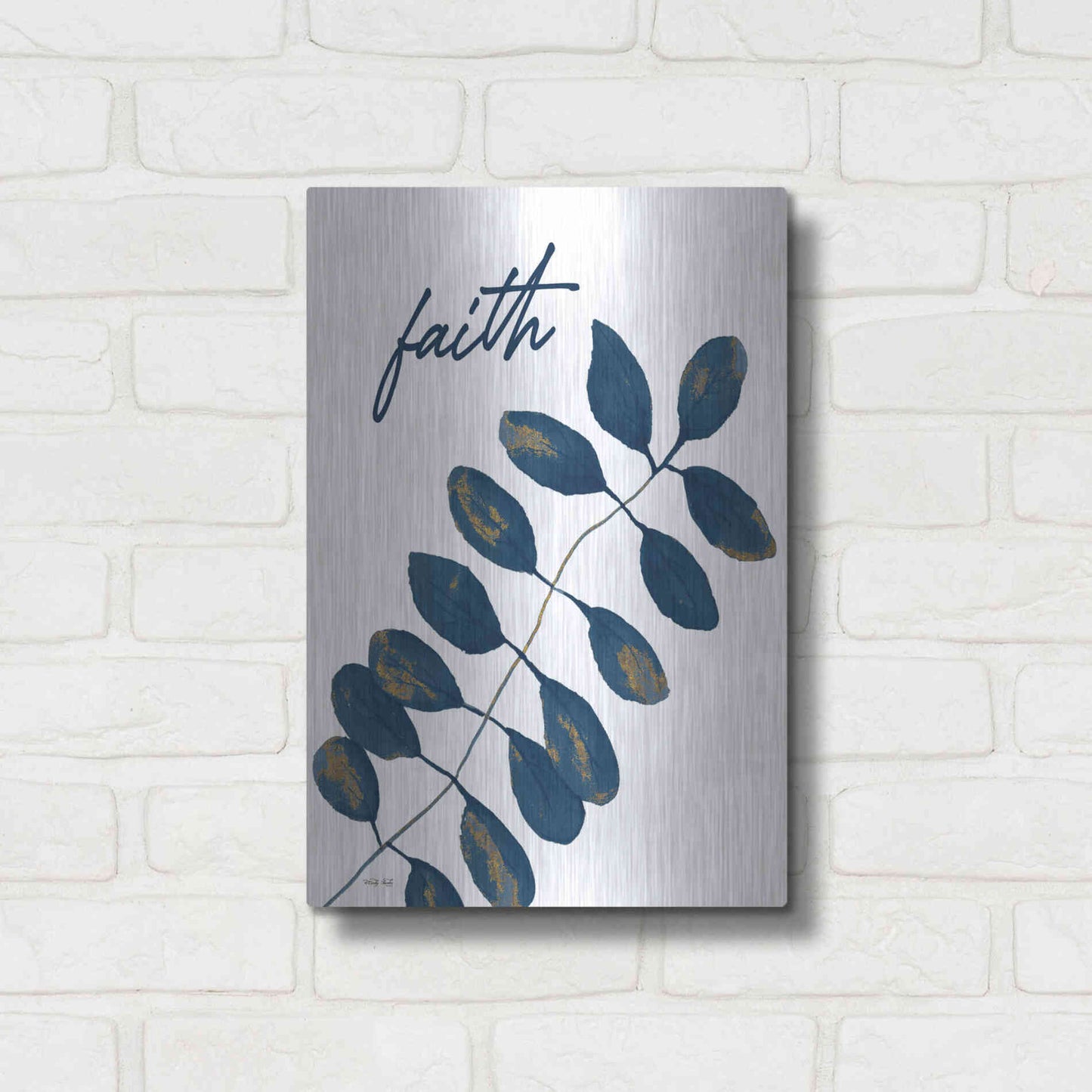 Luxe Metal Art 'Faith Navy Gold Leaves' by Cindy Jacobs, Metal Wall Art,12x16