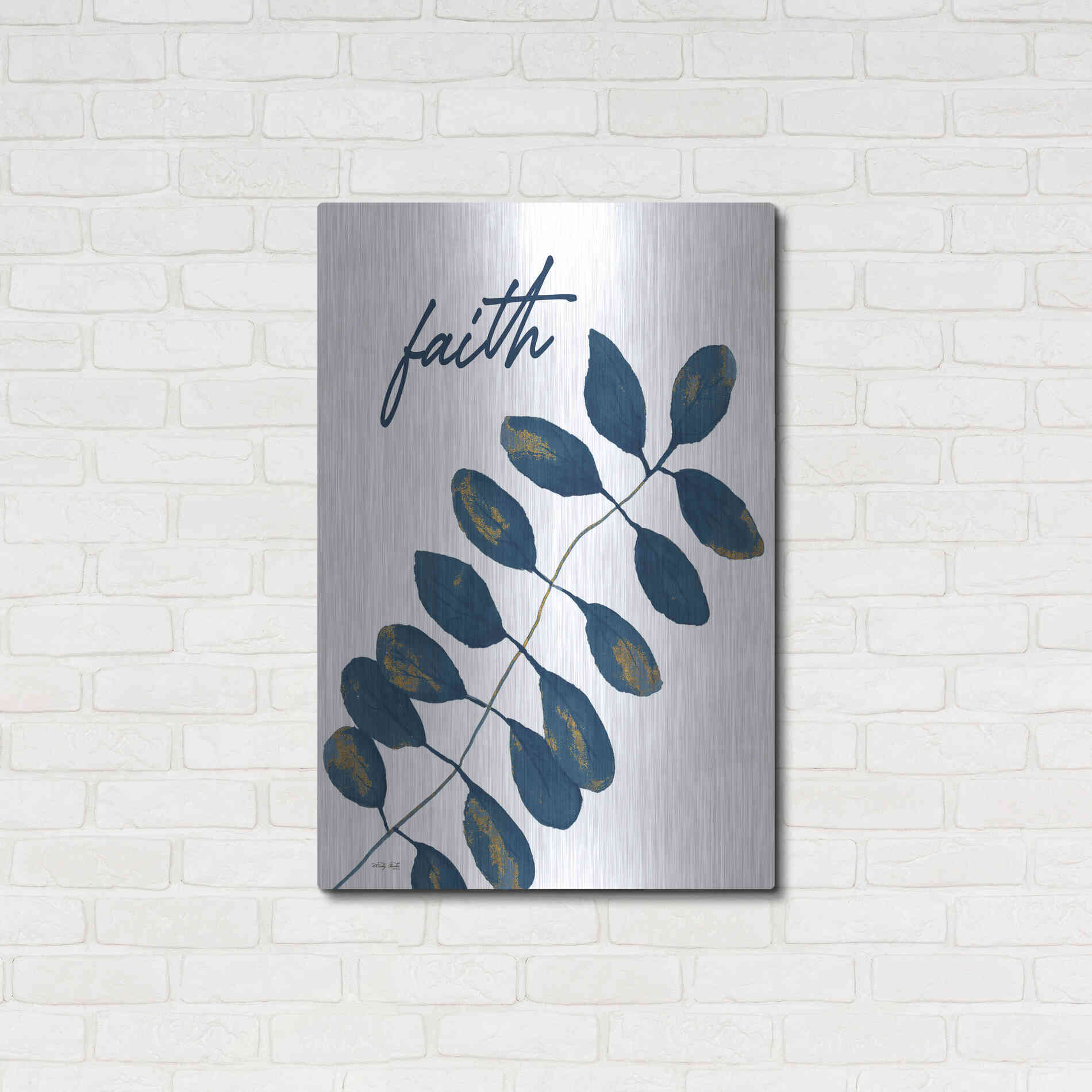 Luxe Metal Art 'Faith Navy Gold Leaves' by Cindy Jacobs, Metal Wall Art,24x36