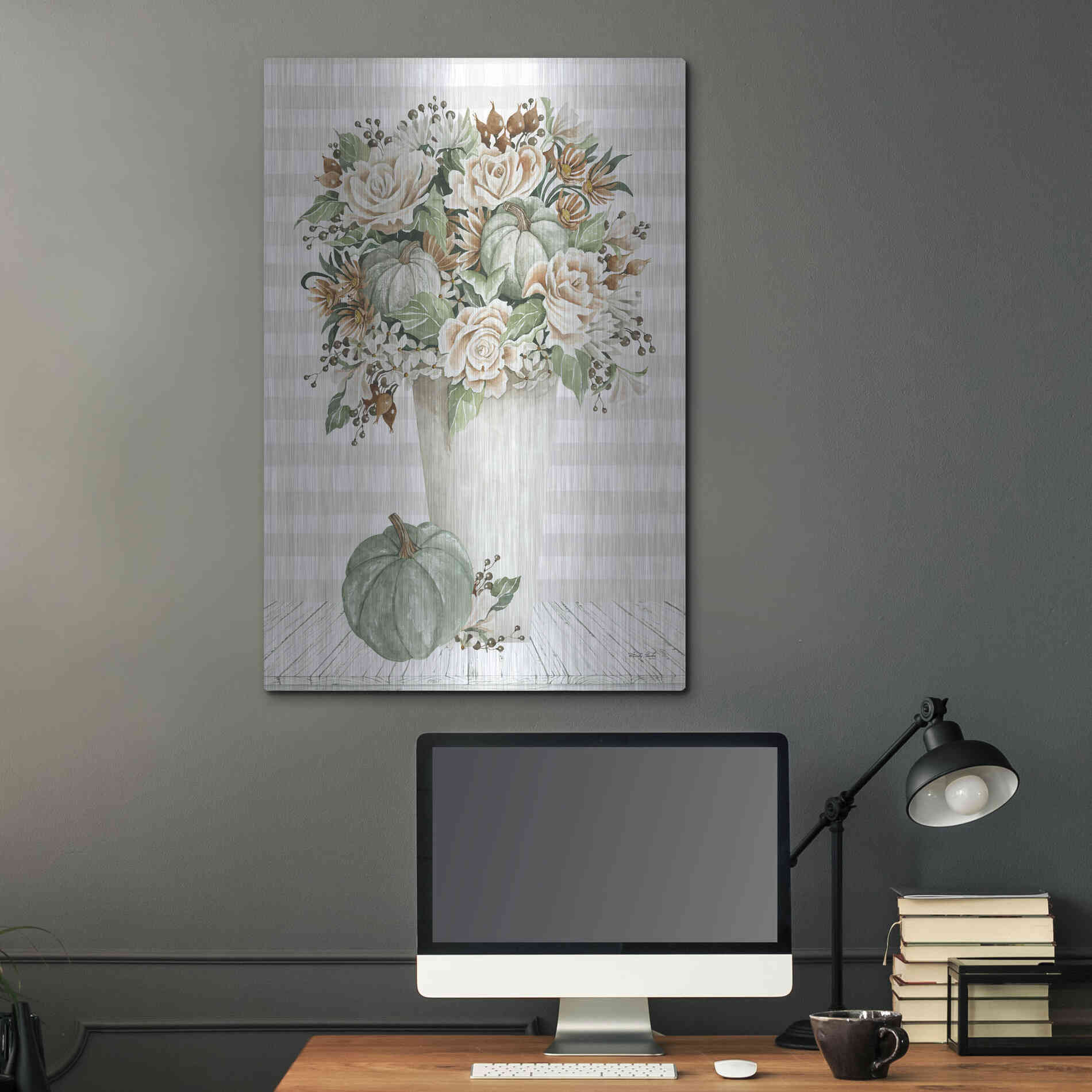 Luxe Metal Art 'Fall Floral With Pumpkins I' by Cindy Jacobs, Metal Wall Art,24x36