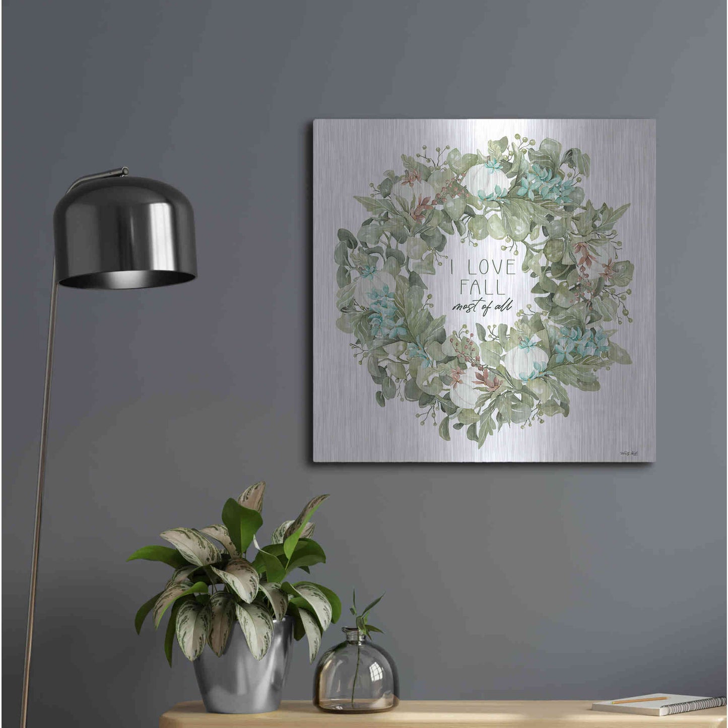 Luxe Metal Art 'I Love Fall Wreath' by Cindy Jacobs, Metal Wall Art,24x24