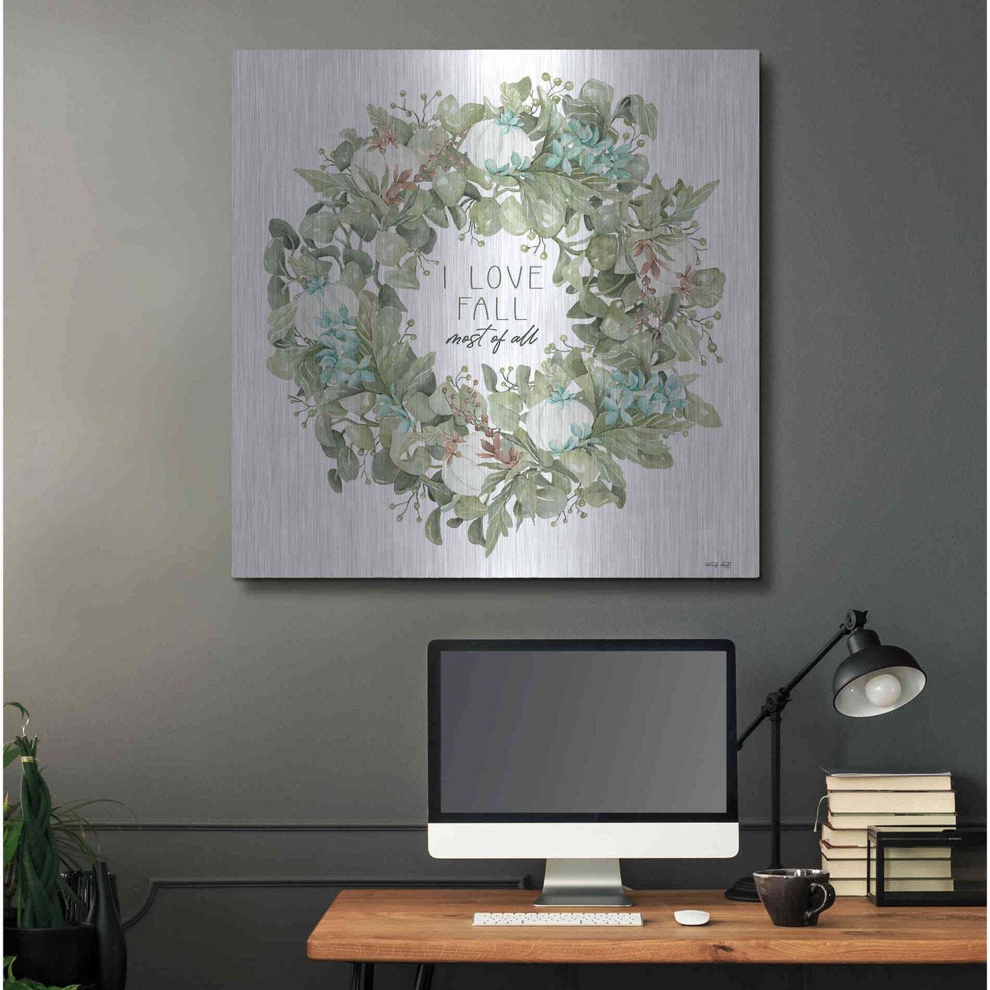 Luxe Metal Art 'I Love Fall Wreath' by Cindy Jacobs, Metal Wall Art,36x36