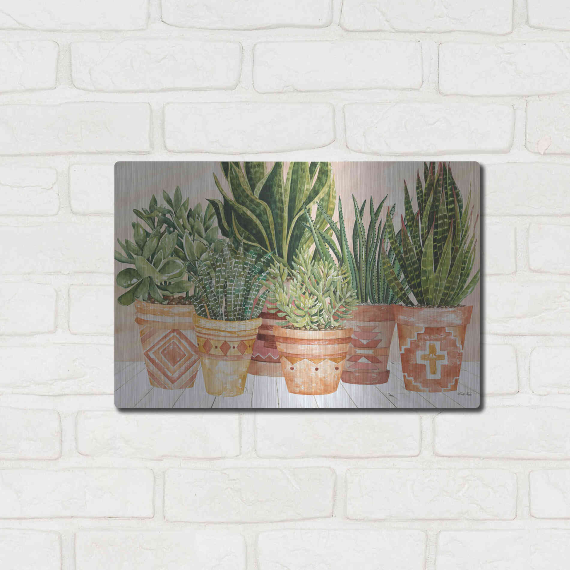 Luxe Metal Art 'Aztec Potted Plants' by Cindy Jacobs, Metal Wall Art,16x12