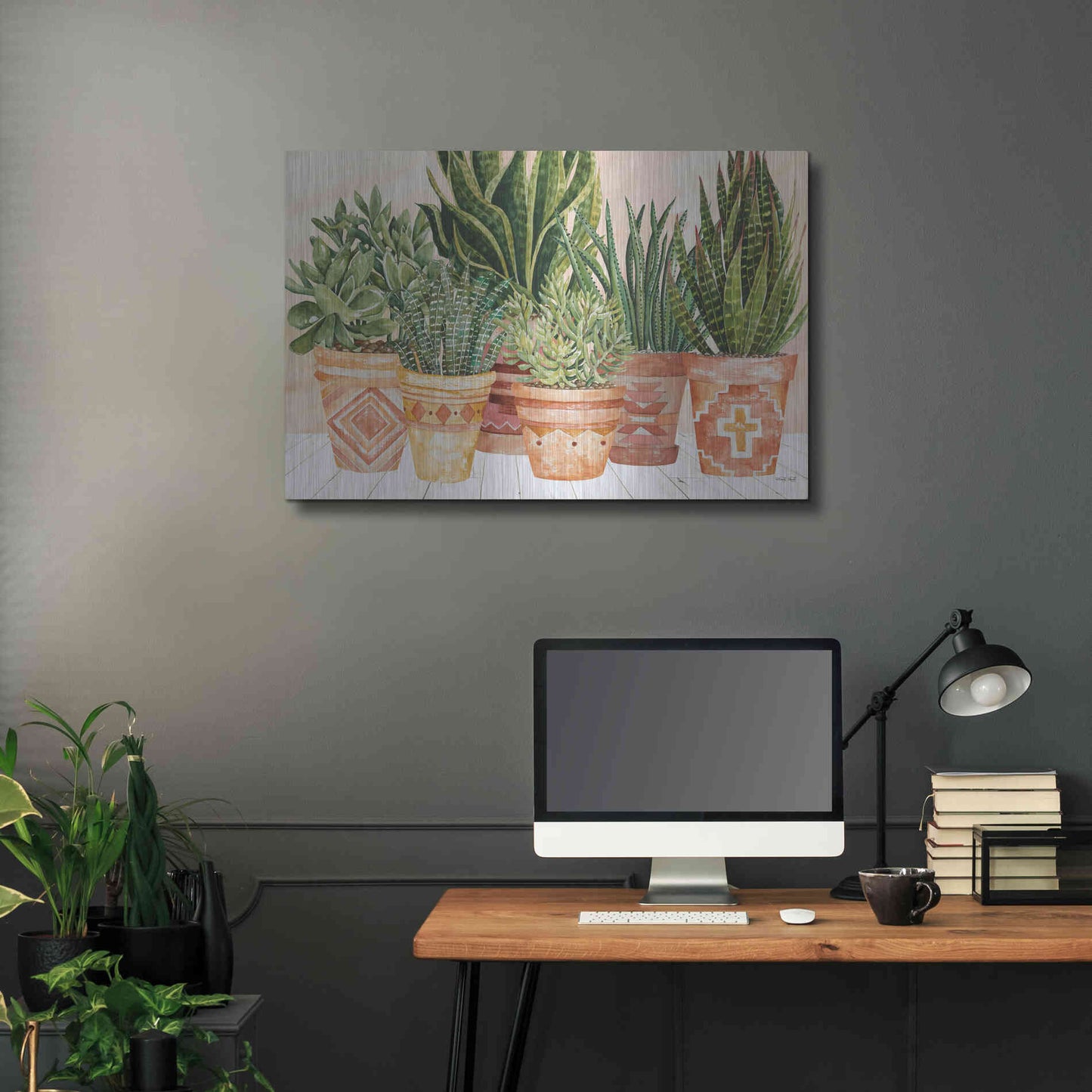 Luxe Metal Art 'Aztec Potted Plants' by Cindy Jacobs, Metal Wall Art,36x24