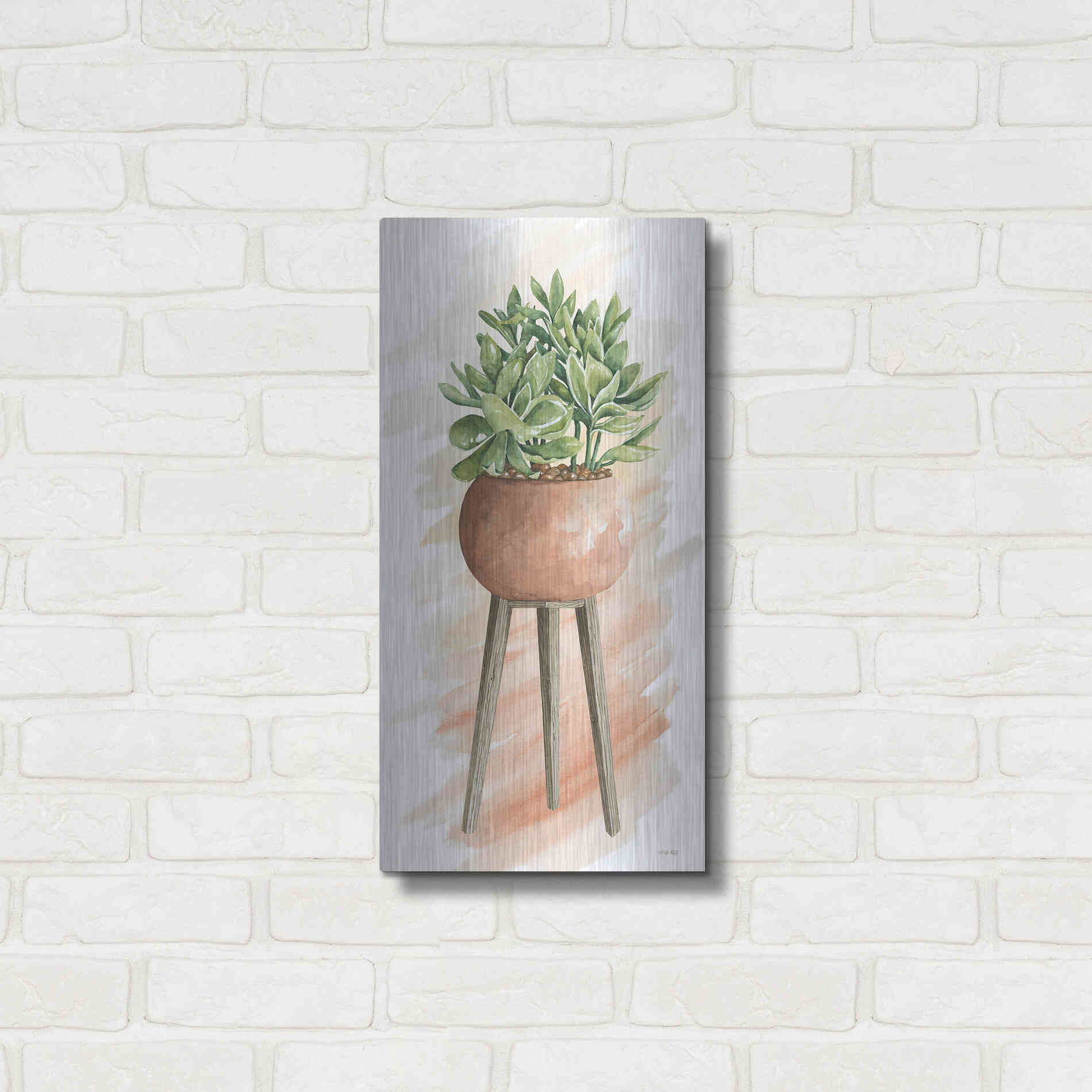 Luxe Metal Art 'Plant Stand Pot Of Flowers I' by Cindy Jacobs, Metal Wall Art,12x24